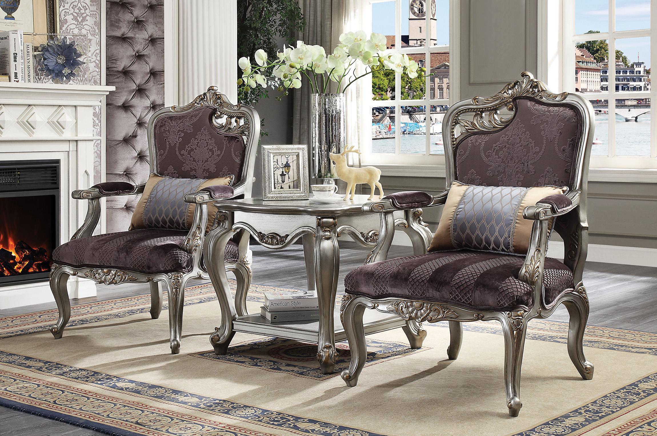 Classic, Traditional Accent Chair Set Picardy II 53466 53466-Set-2-Picardy II in Platinum, Antique, Violet Velvet