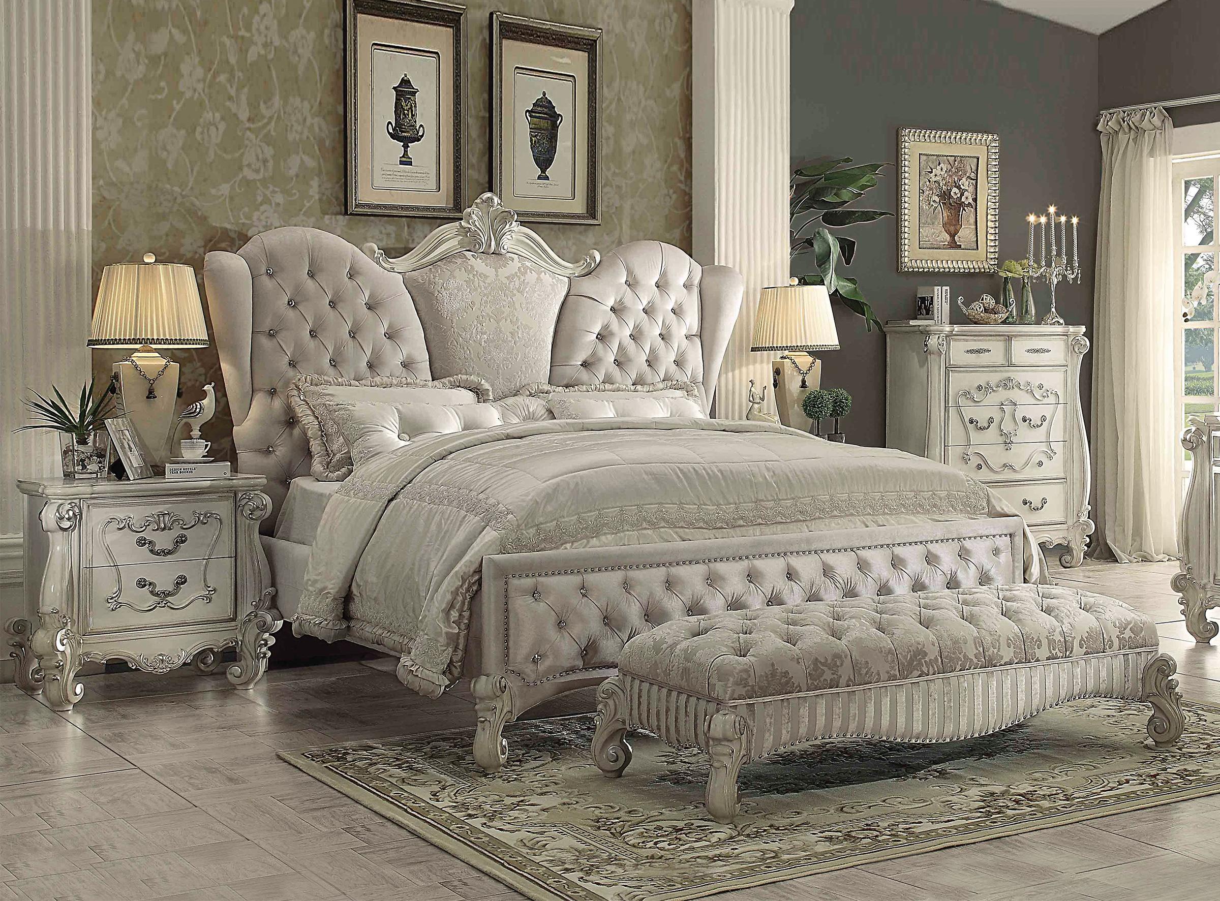 Classic, Traditional Panel Bedroom Set Versailles-21127EK Versailles-21127EK-Set-3 in Bone, White, Ivory Velvet