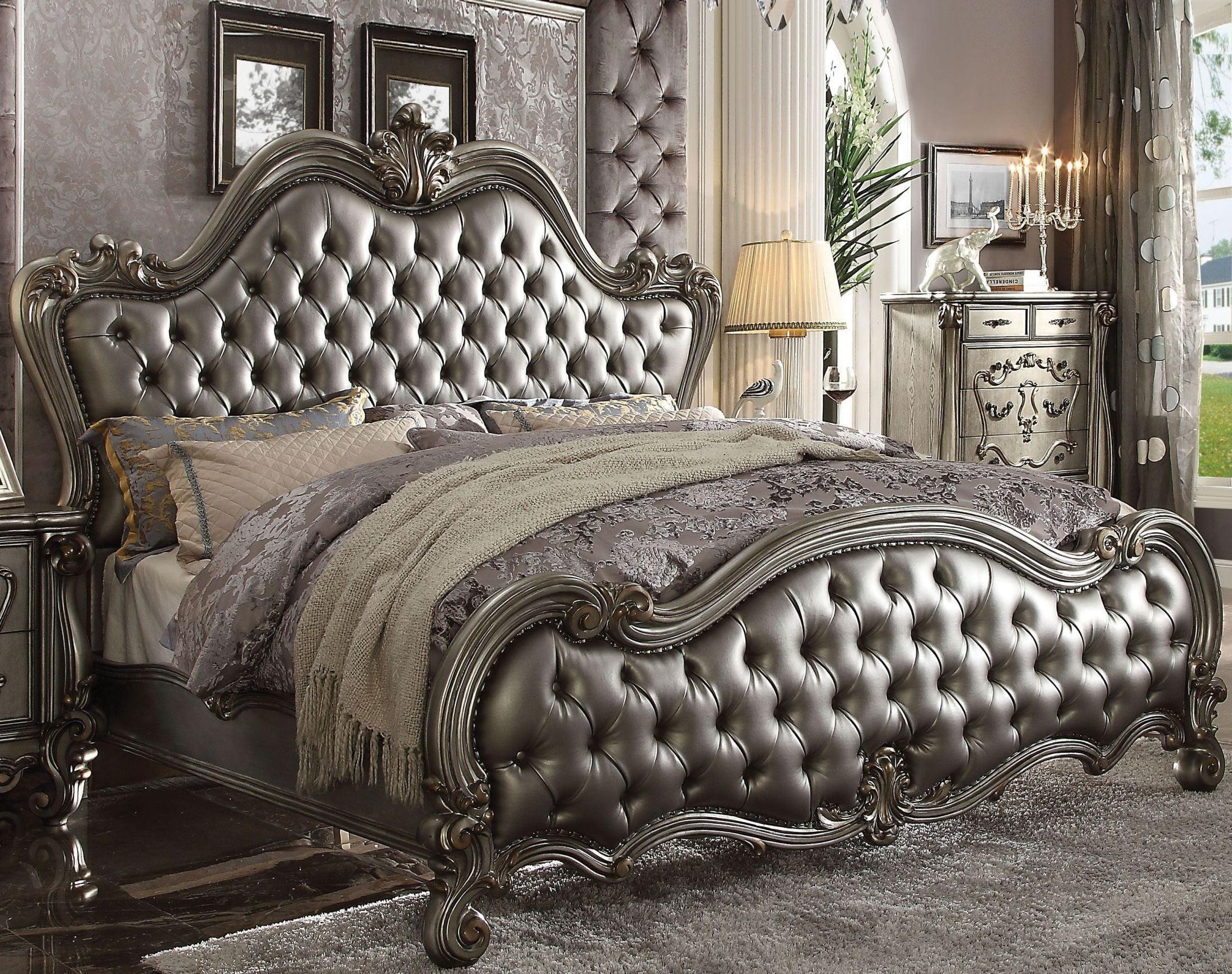 Classic, Traditional Panel Bed Versailles II-26840Q Versailles II-26840Q in Platinum, Antique, Silver Polyurethane