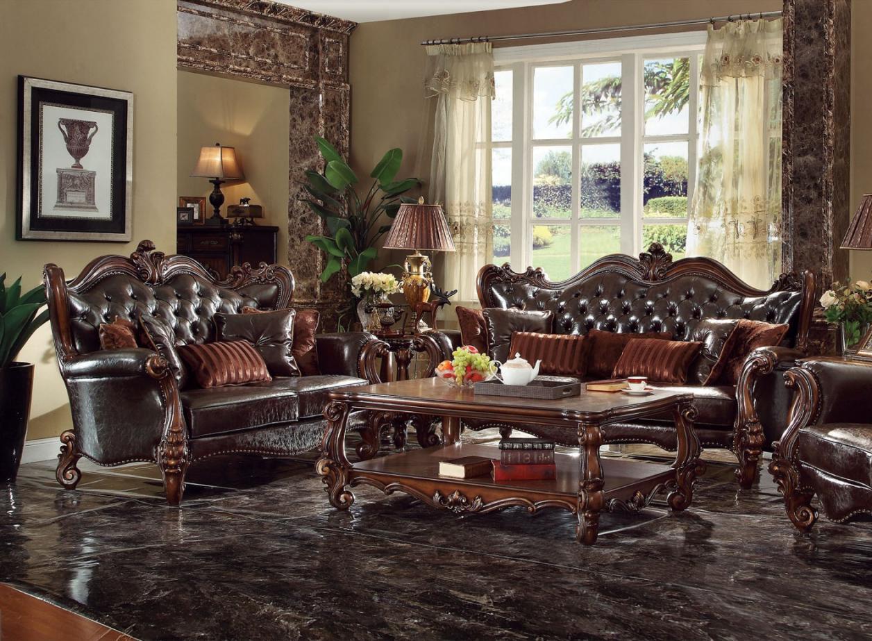 Classic, Traditional Sofa Loveseat and Chair Set Versailles 52120 52120 Versailles-Set-3 in Dark Brown, Brown Leather