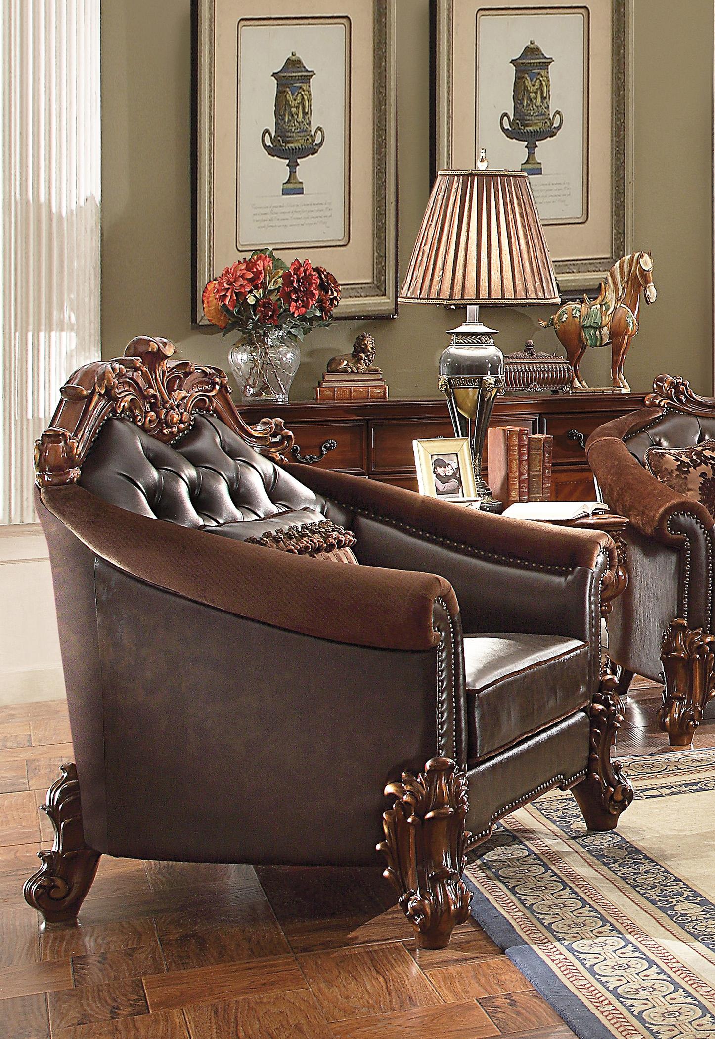 

        
Acme Furniture Vendome II-53130 Sofa Loveseat and Chair Set Cherry/Brown Fabric 0840412052255
