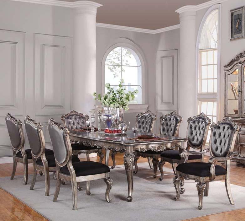 Classic, Traditional Dining Table Set Chantelle 60540 60540 Chantelle-Set-9 in Antique Silver, Platinum Fabric