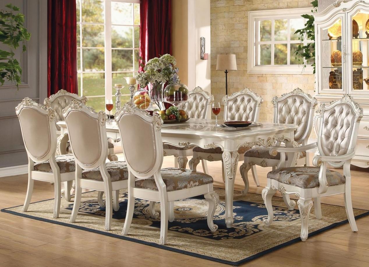 Classic, Traditional Dining Table Set Chantelle 63540 63540 Chantelle-Set-7 in Pearl, White Faux Leather