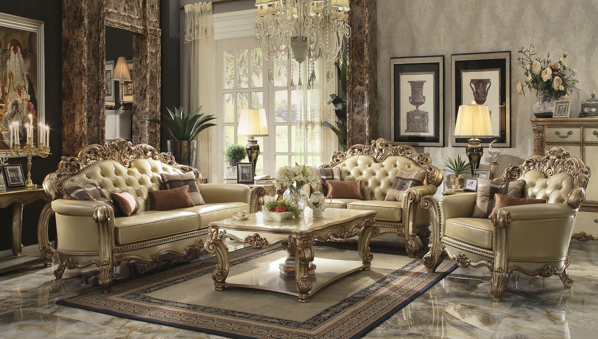 Classic, Traditional Sofa Loveseat Chair Vendome-53000 Vendome-53000-Set-3 in Bone, Patina, Gold Polyurethane