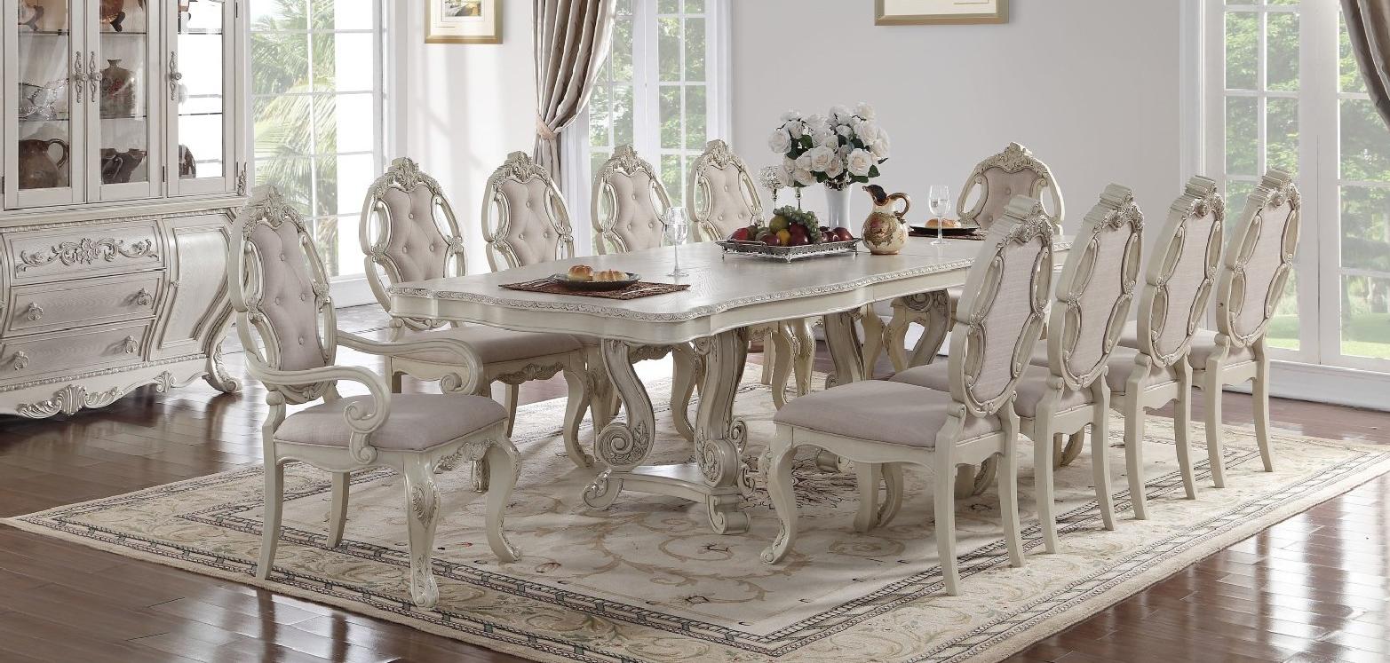 Classic, Traditional Dining Table Set 61280 Ragenardus 61280 Ragenardus-Set-9 in Antique White Fabric