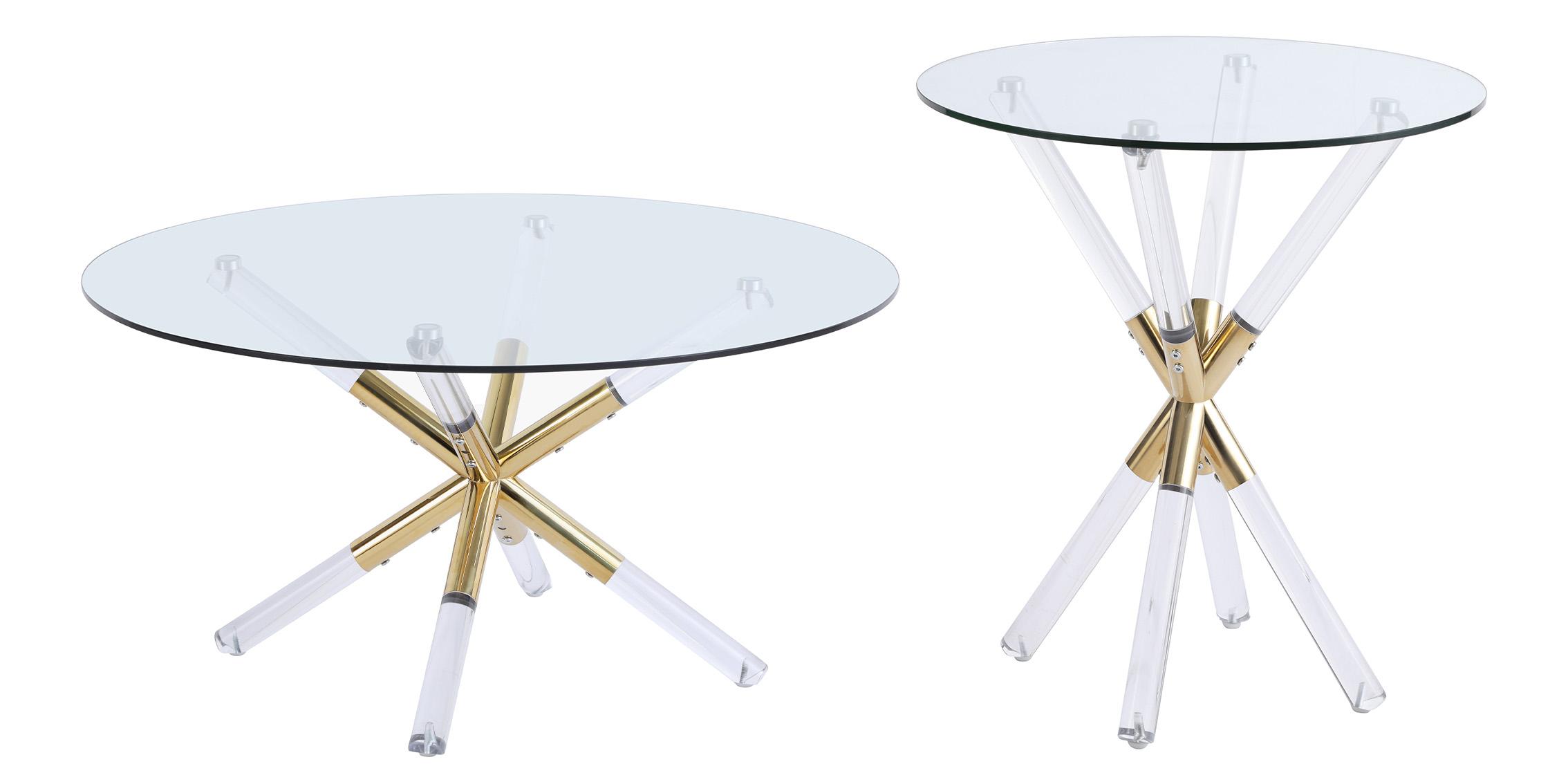 Contemporary Coffee Table Set MERCURY 284-Set-2 in Chrome, Clear, Gold Glass Top