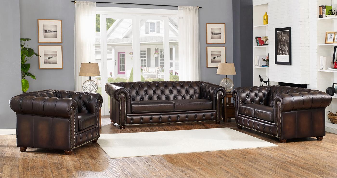 

    
Amax Leather Albany Brown Genuine Leather Sofa Set 3Pcs Hand Rubbed Traditional
