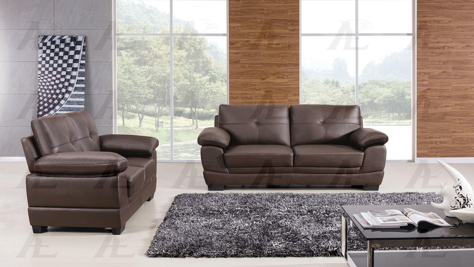 Contemporary Sofa Set EK510-LG EK510-DB-SET-2 in Dark Brown Genuine Leather