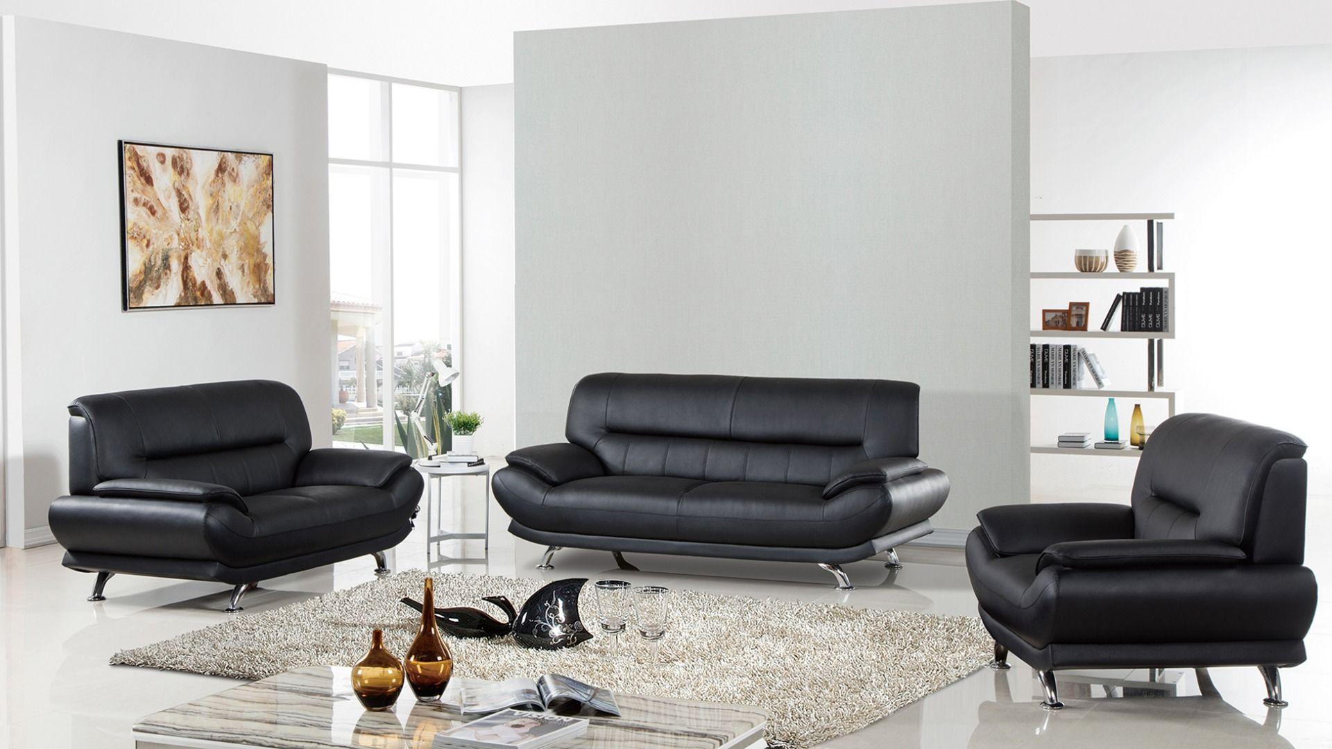 Contemporary, Modern Sofa Set EK-9118-BK-SF EK-9118-BK-SF-Set-3 in Black Genuine Leather