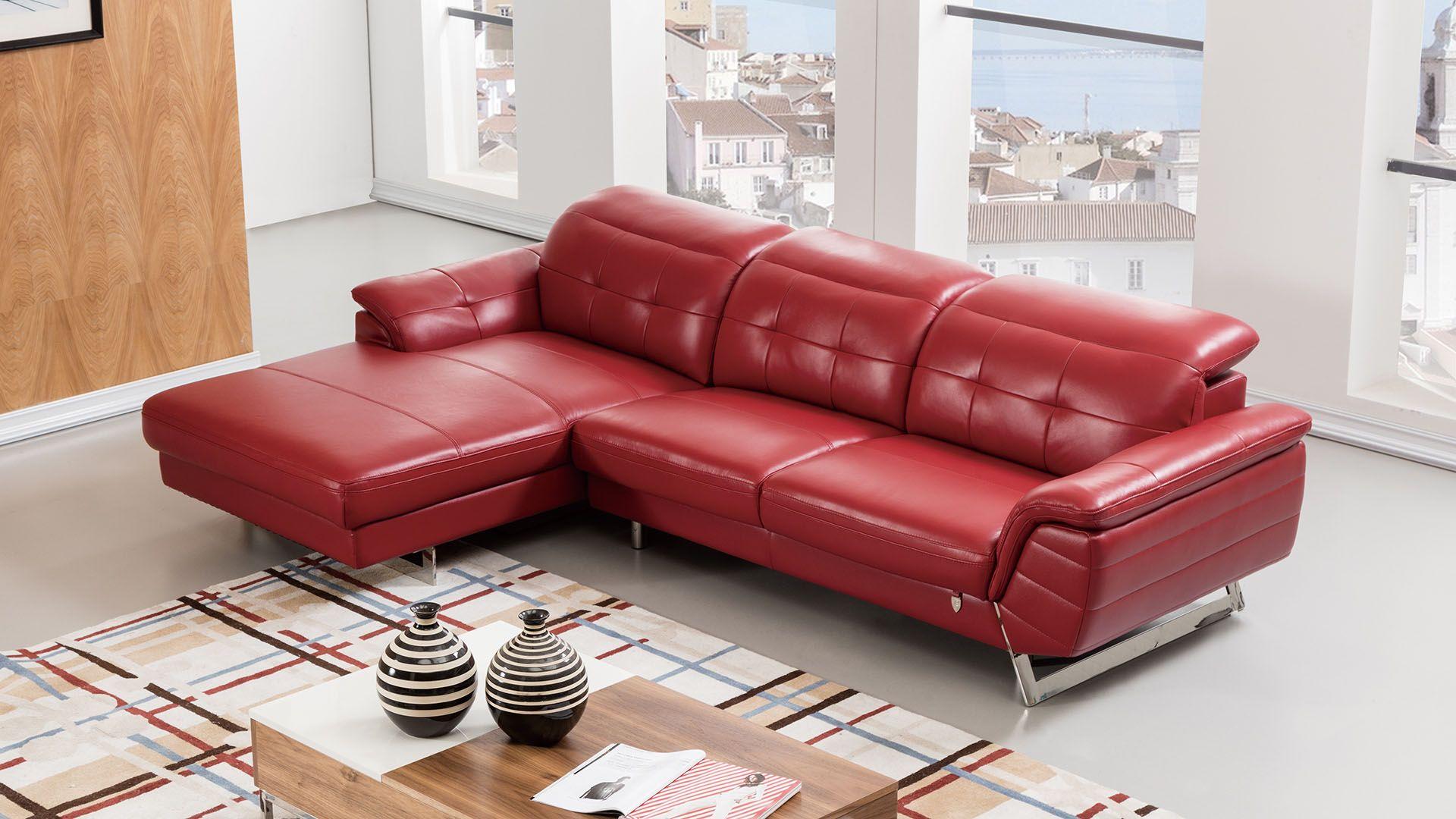 Contemporary, Modern Sectional Sofa EK-L085-RED EK-L085L-RED in Red Italian Leather