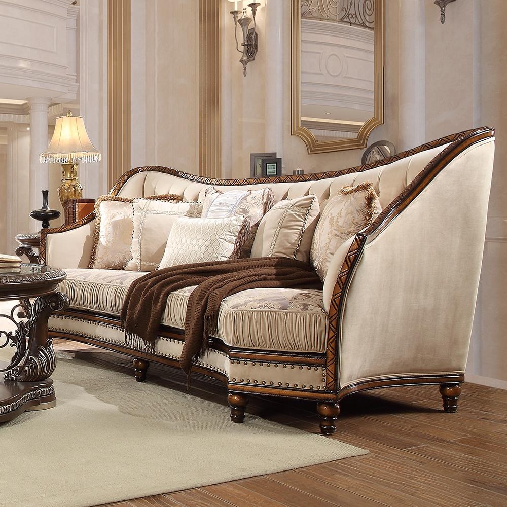

    
Antique Gold & Dark Oak Sofa Set 6Pcs w/ Coffee Tables Traditional Homey Design HD-823
