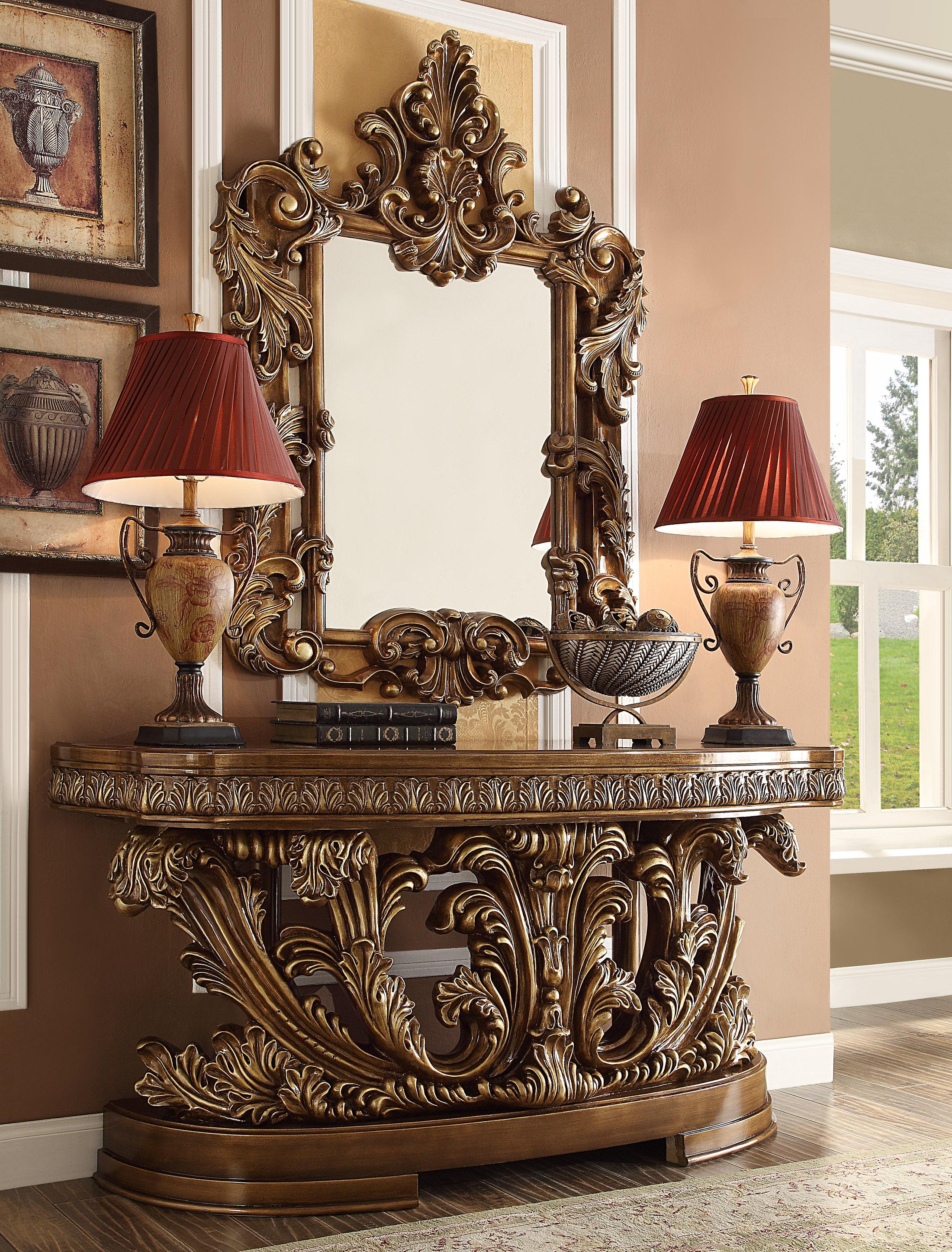 Traditional Console Table and Mirror Set HD-8018 HD-CON8018-Set-2 in Gold Finish, Brown 