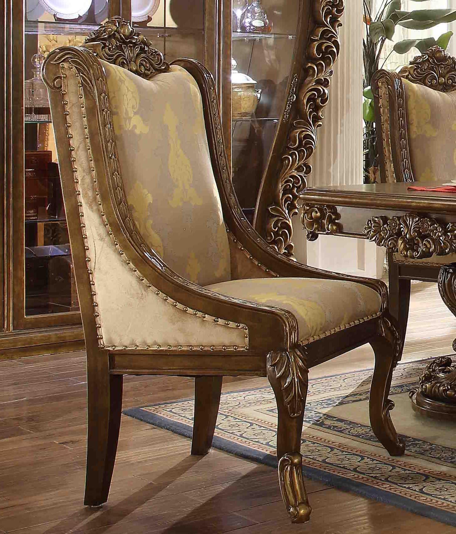 Traditional Dining Side Chair HD-8011 HD-CH8011-Set-2 in Gold Finish, Cream, Walnut Fabric
