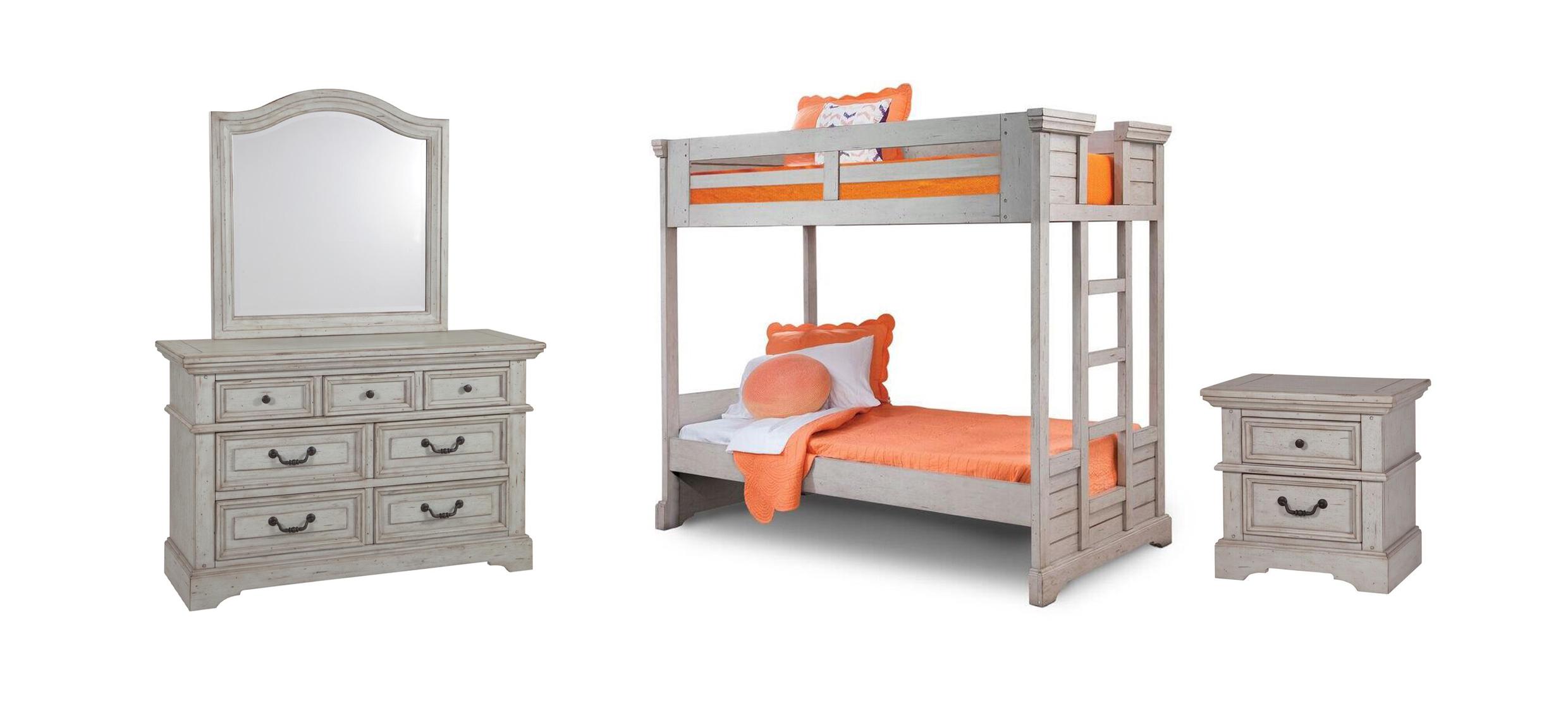 

    
Antique Gray Finish Twin Bunk Bed Set 4Pcs 7820 STONEBROOK American Woodcrafters

