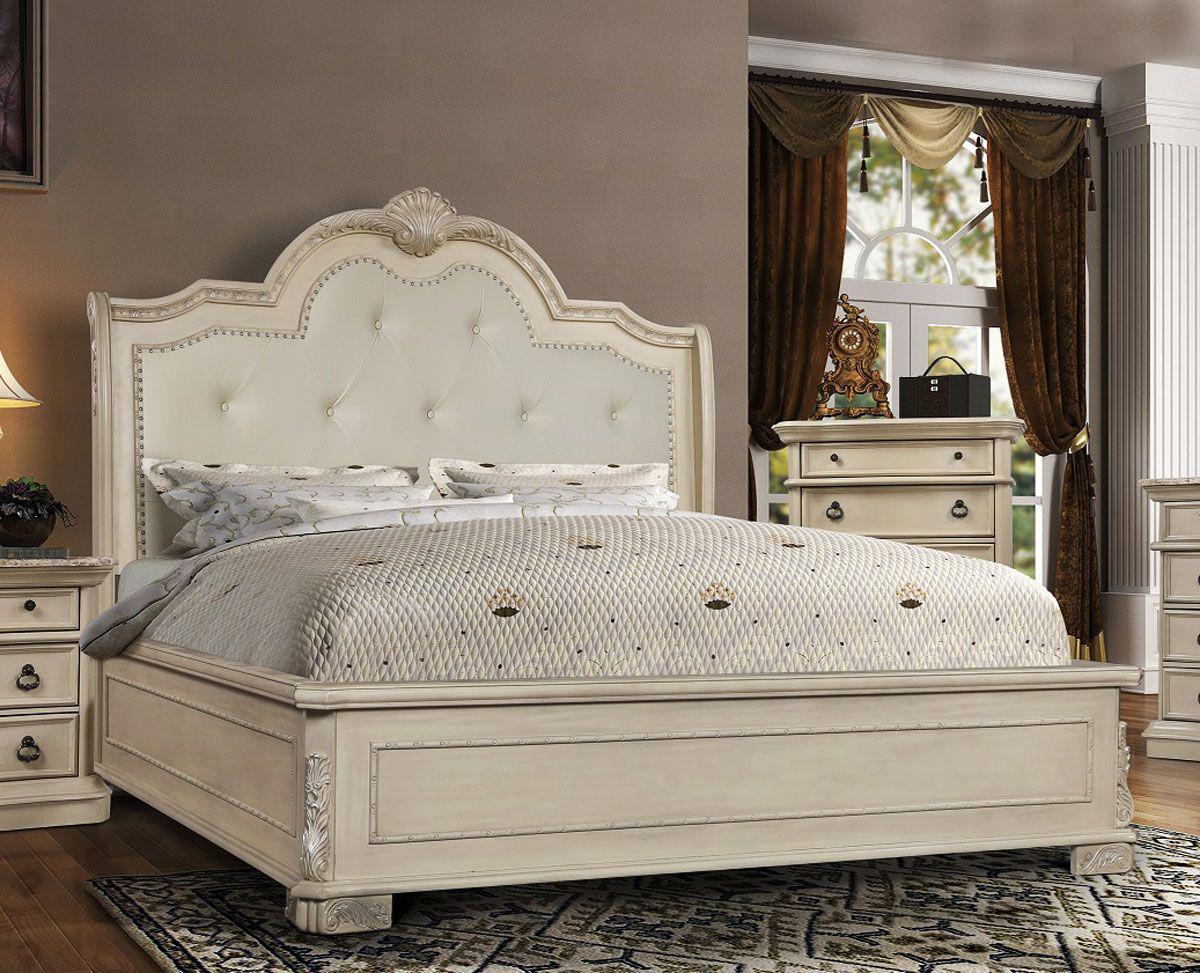 Classic, Traditional Panel Bed B6007 B6007-K in Antique White Bonded Leather