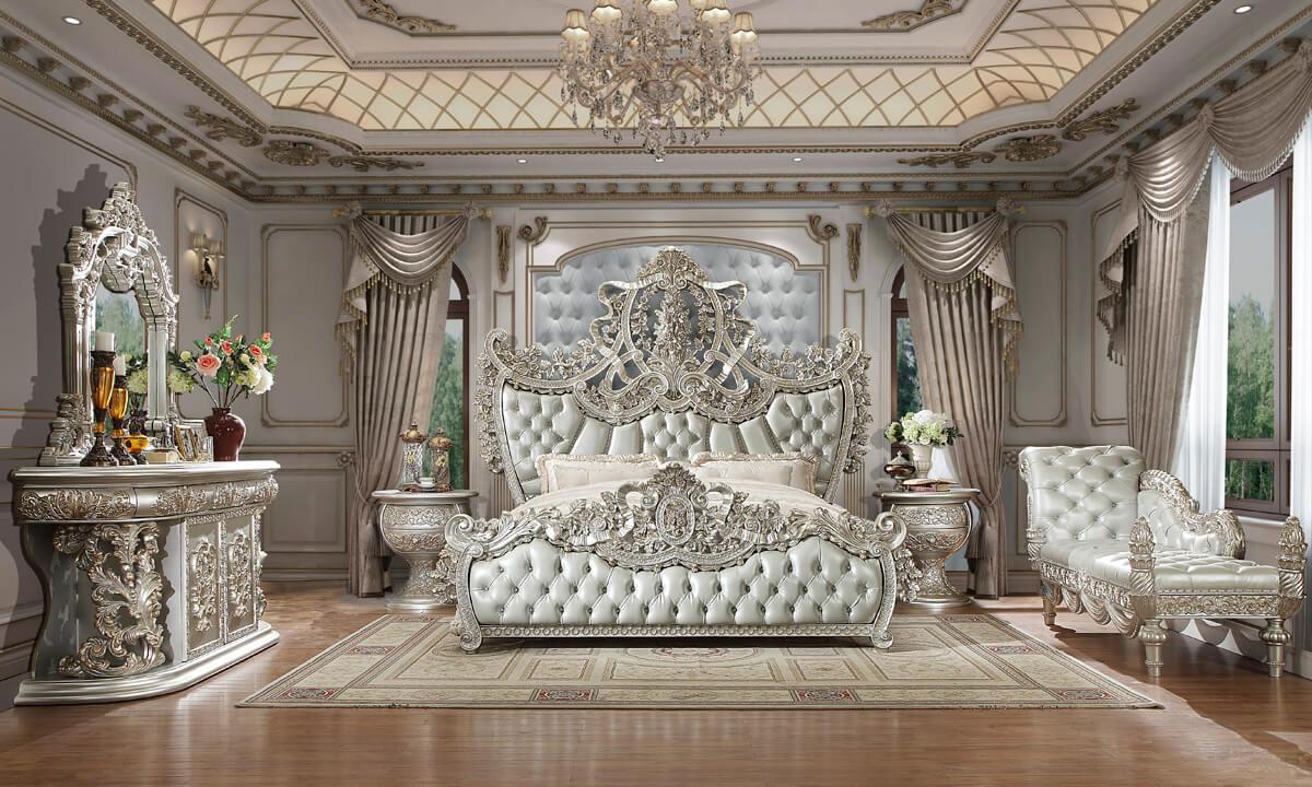 Traditional Sleigh Bedroom Set HD-8088 HD-CK8088-6PC in Metallic, Silver Faux Leather
