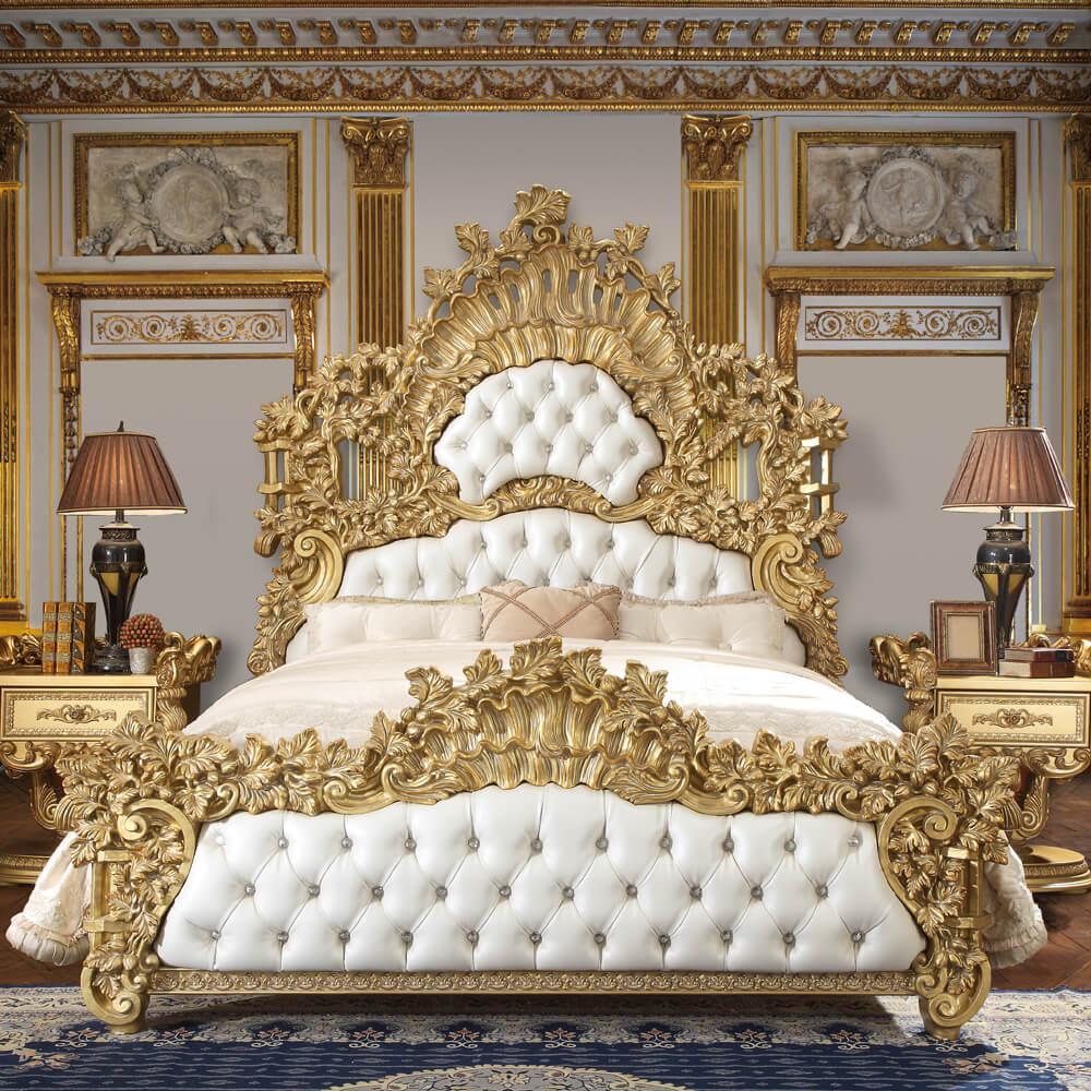 

    
Baroque Rich Gold King Bedroom Set 3Pcs Carved Wood Homey Design HD-8086
