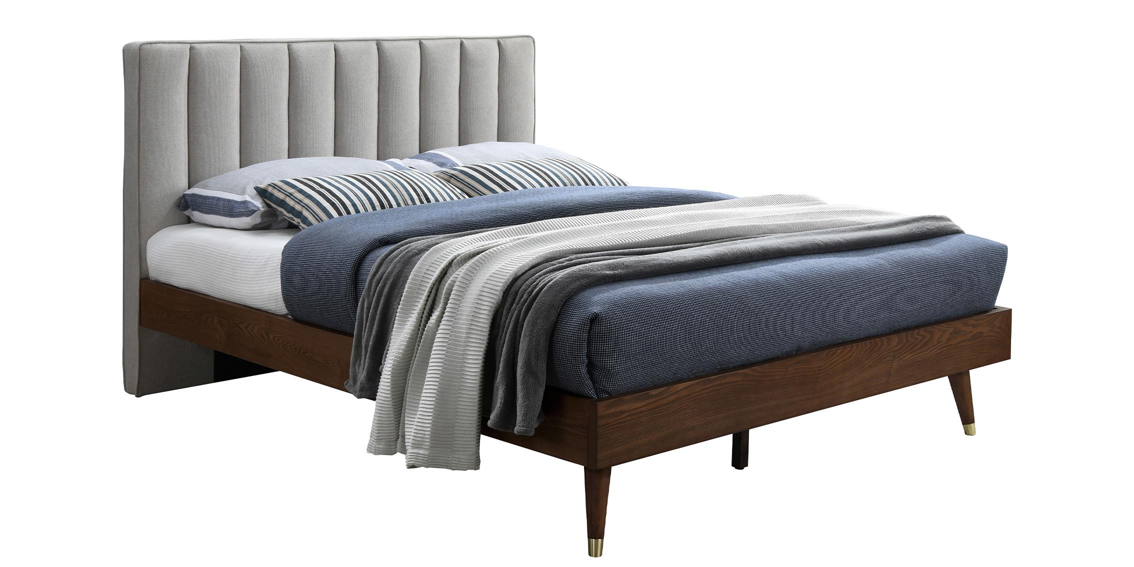 Contemporary Platform Bed VANCE Beige-K VanceBeige-K in Walnut, Beige Fabric