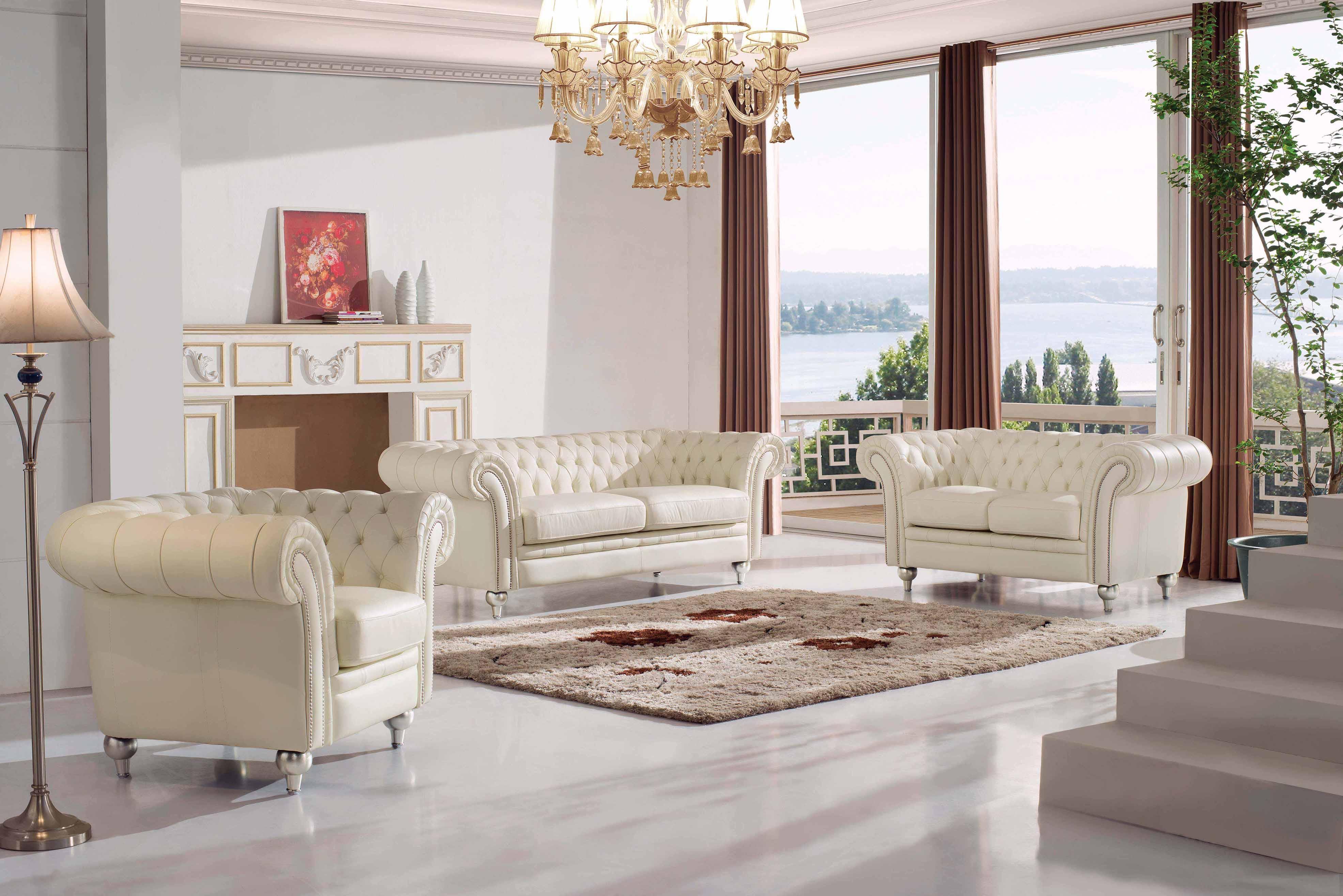 Contemporary Sofa Loveseat and Chair Set 287 ESF-287-3PC in Beige Top grain leather