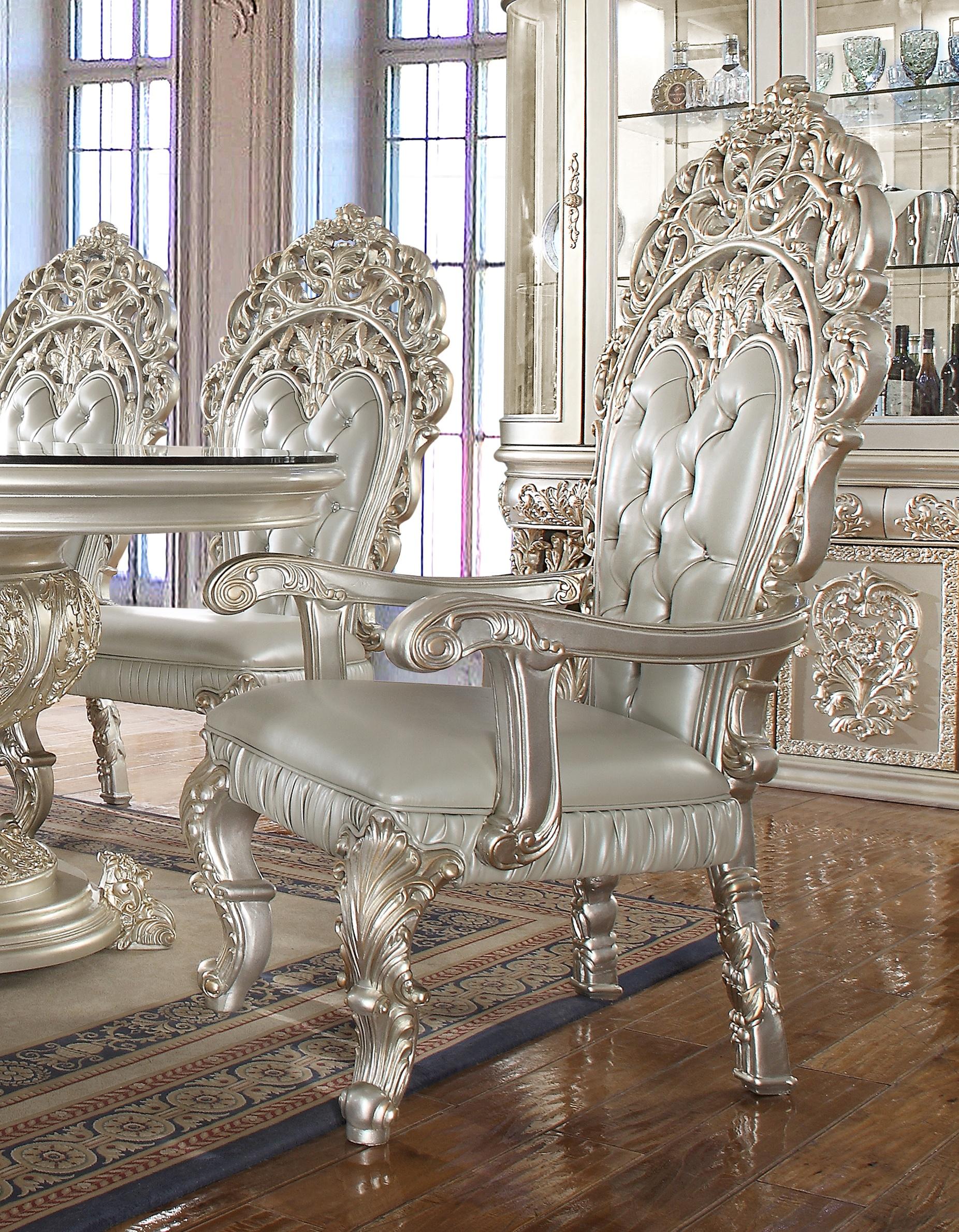Traditional Dining Arm Chair HD-AC8088 HD-AC8088-2PC in Metallic, Silver Leather