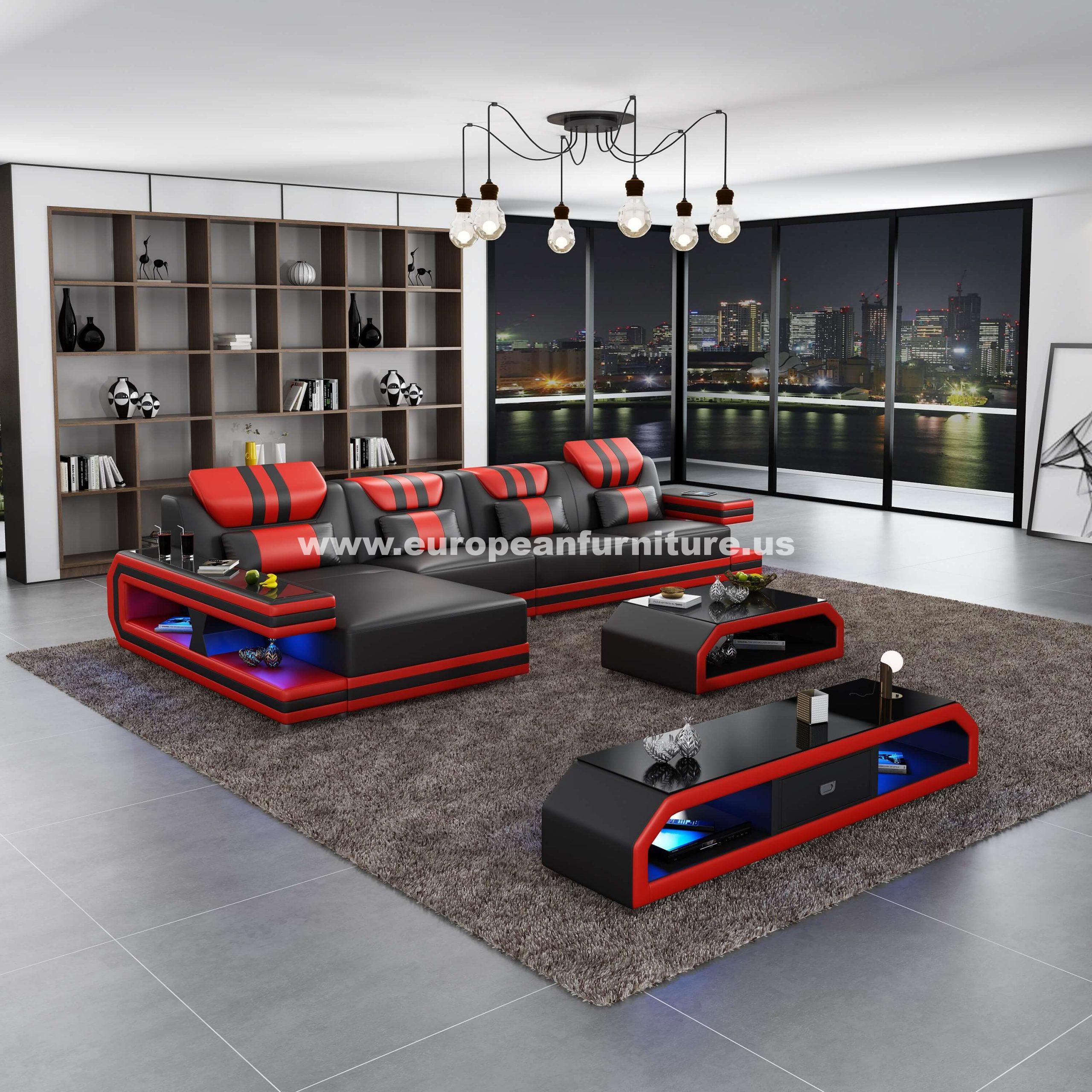 Contemporary, Modern 4 Seater Sectional Sofa LIGHTSPEED LED-BR-88882-LHF in Red, Black Italian Leather