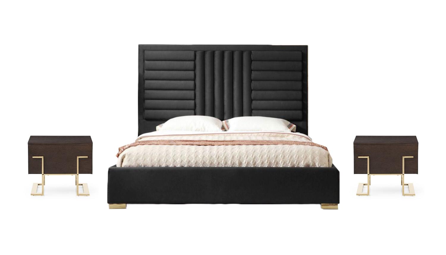 Contemporary, Modern Panel Bedroom Set Daystar VGVCBD1905-19-BLK-BED-EK-3pcs in Black Velvet