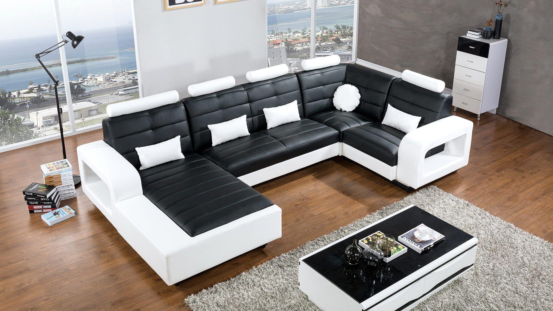 Contemporary, Modern Sectional Sofa AE-LD800-BK.W AE-LD800L-BK.W in White, Black Bonded Leather