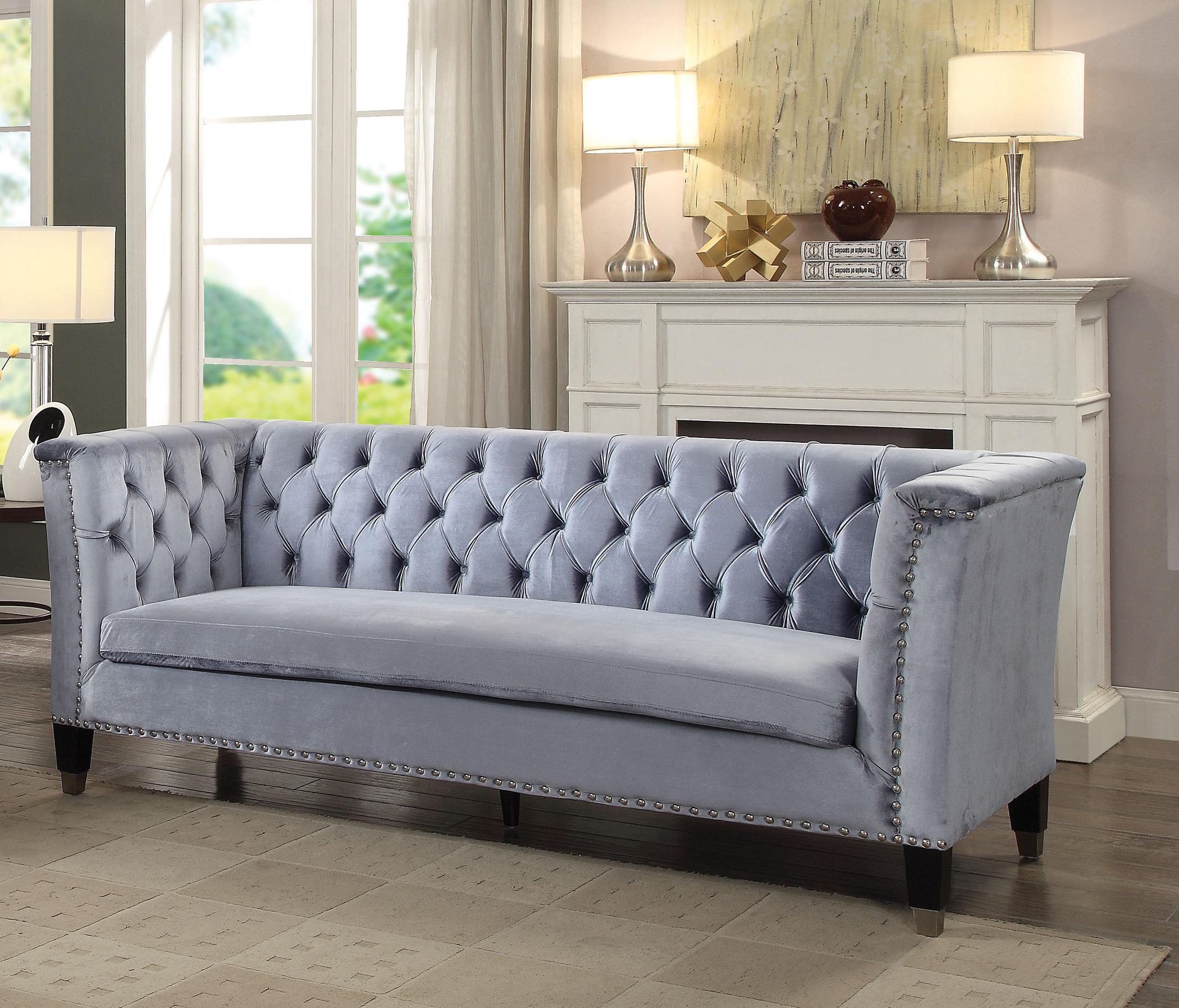 

    
Blue Grey Velvet Tufted Sofa Vintage Traditional Acme 52785 Honor
