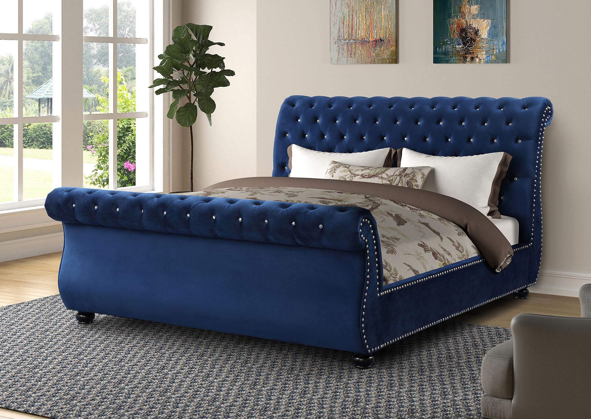 

    
Blue Velvet Crystal Tufted Queen Bed Set 4Pcs KENDALL Galaxy Home Contemporary
