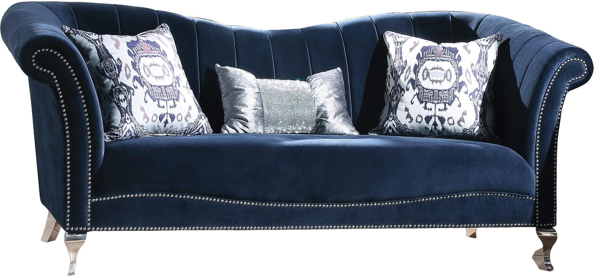 

    
Glam Blue Velvet Sofa w/Pillows Vintage Traditional Jaborosa 50345 Acme
