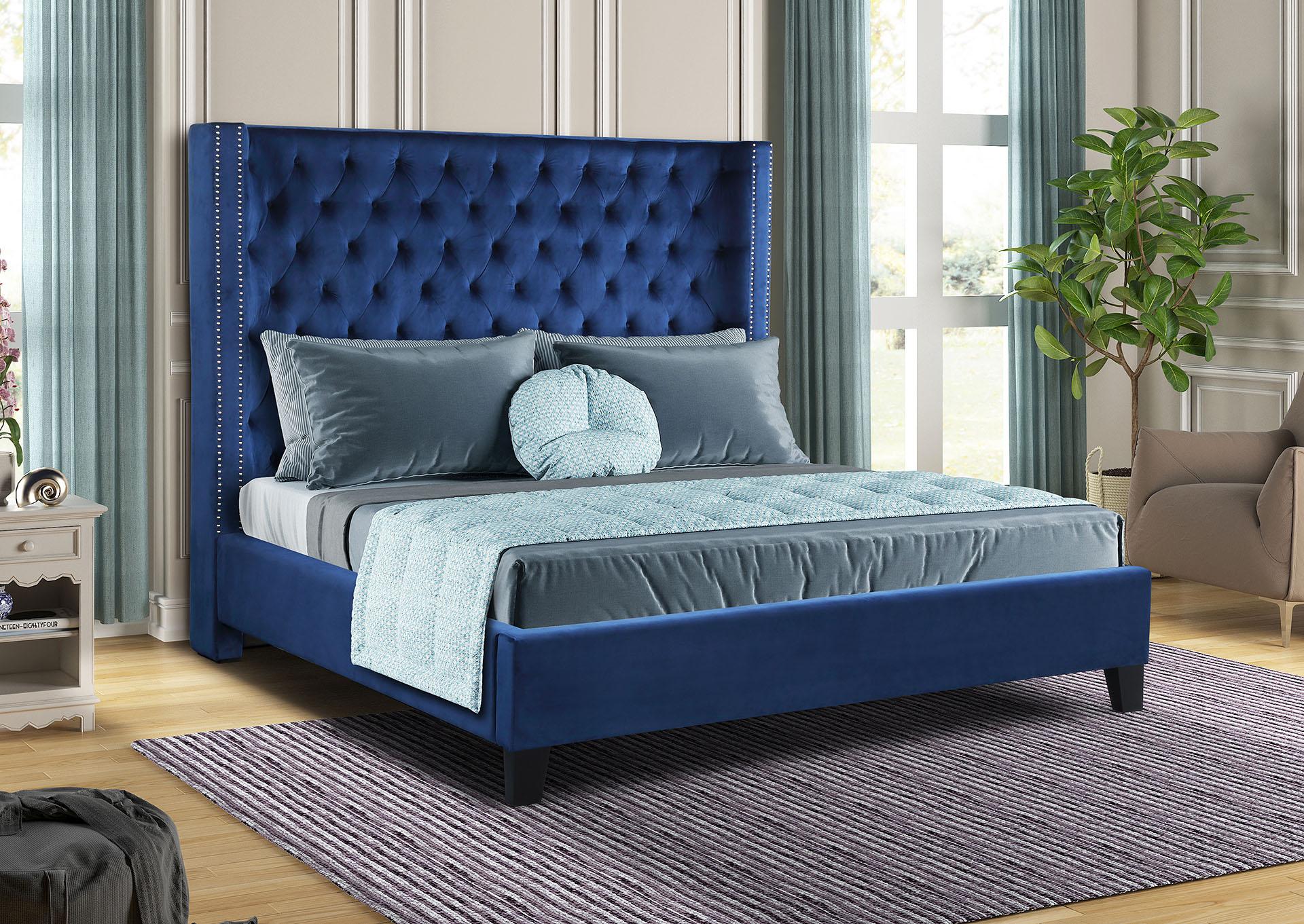 

    
Blue Velvet Tufted Queen Bed Set 4 w/VANITY ALLEN Galaxy Home Contemporary
