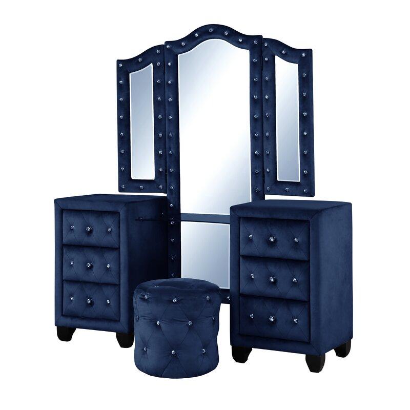 

    
 Shop  Blue Velvet Tufted Queen Bed Set 4 w/VANITY ALLEN Galaxy Home Contemporary
