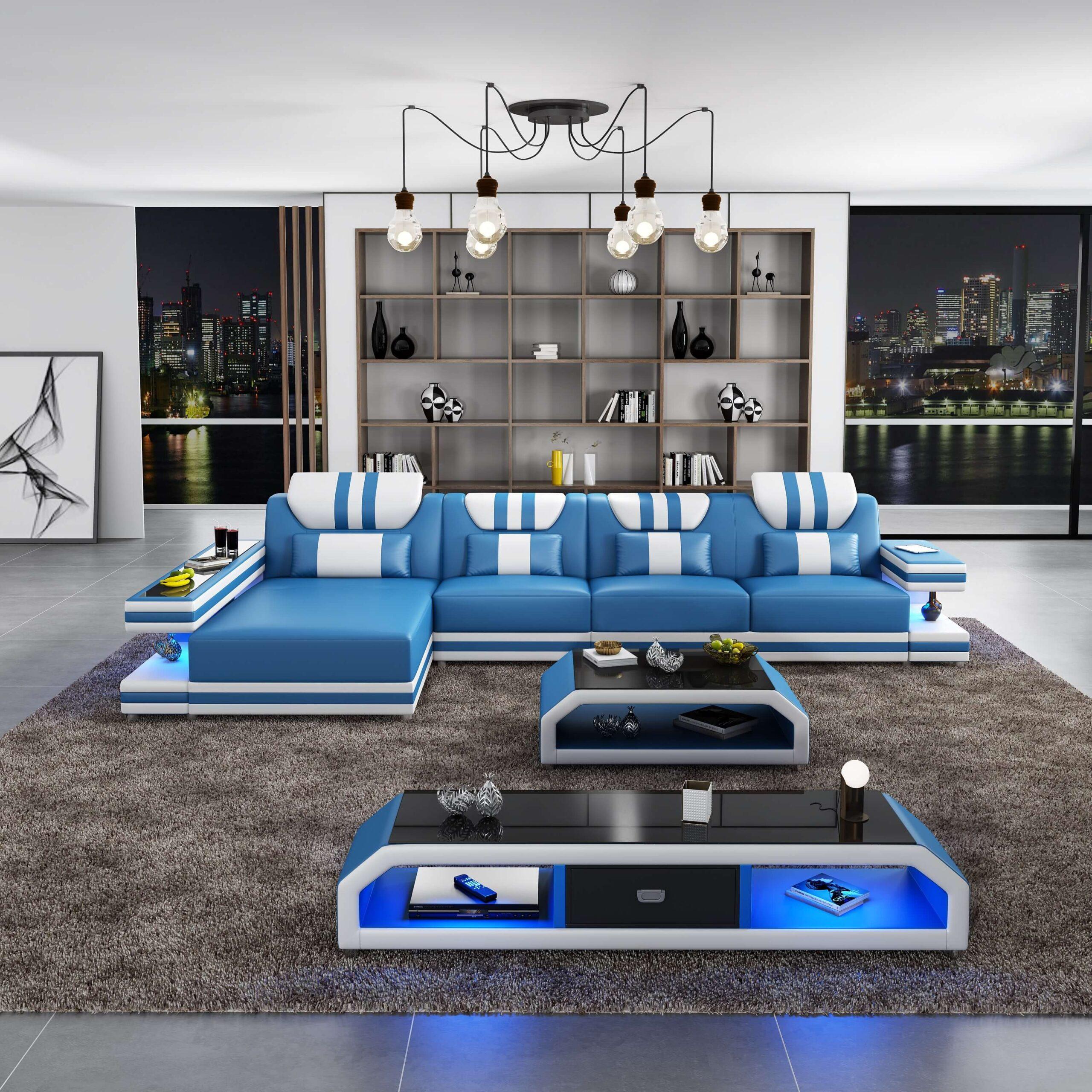 Contemporary, Modern 4 Seater Sectional Sofa LIGHTSPEED LED-BLUW-88884-LHF in White, Blue Italian Leather