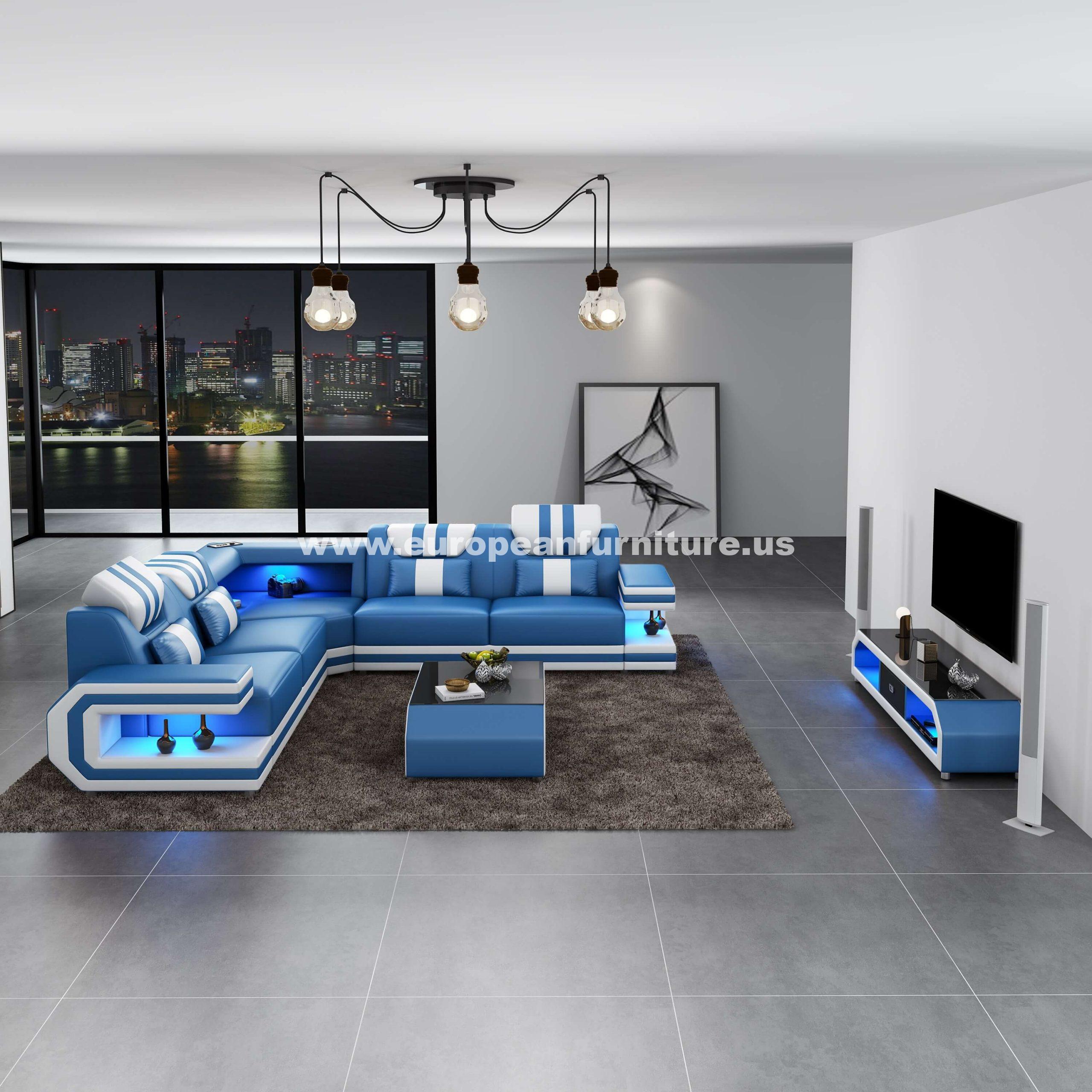 

    
BLUE WHITE Italian Leather Sectional Sofa LIGHTSABER EUROPEAN FURNITURE Modern
