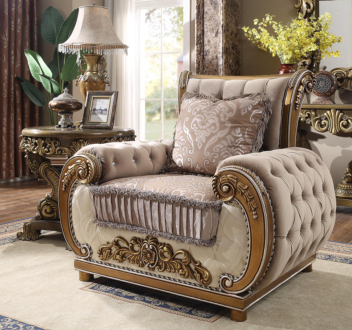 

    
Brown & Beige Tufted Armchair Carved Wood Traditional Homey Design HD-25

