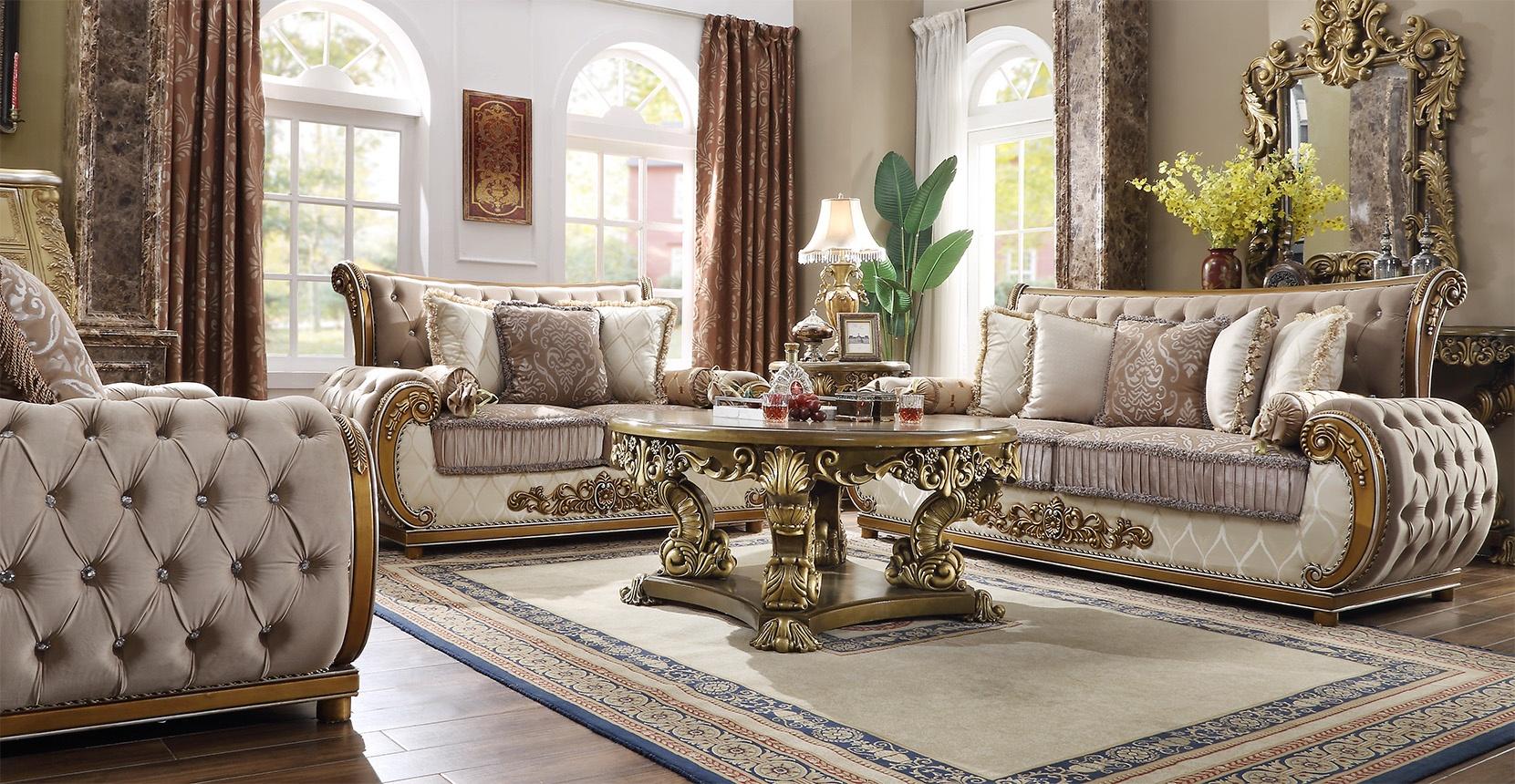 

    
Brown & Beige Tufted Sofa Set 3Pcs Carved Wood Traditional Homey Design HD-25
