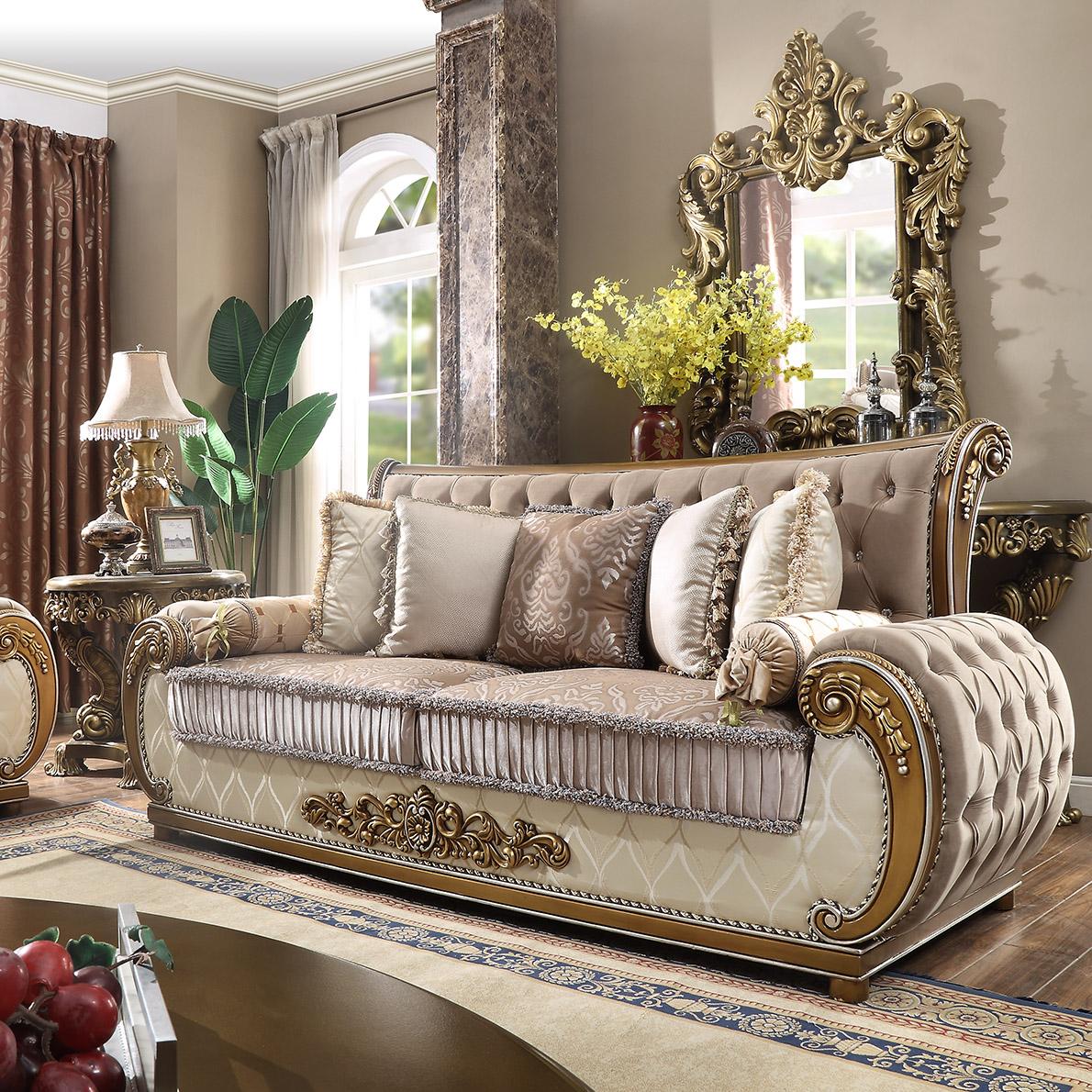 

    
Brown & Beige Tufted Sofa Carved Wood Traditional Homey Design HD-25
