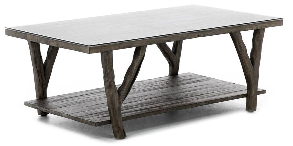

    
Brown Branch Leg Style Wood Coffee Table w/ Glass Table by Modus Bridger EB5221

