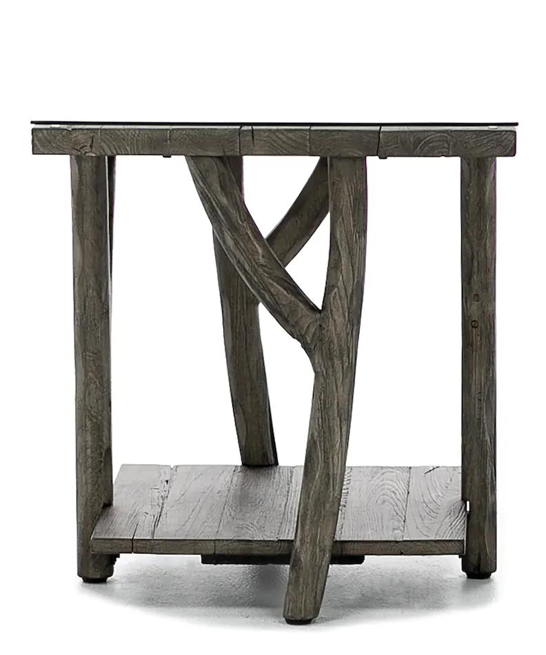 

    
Brown Branch Leg Style Wood End Table w/ Glass Table by Modus Bridger EB5222
