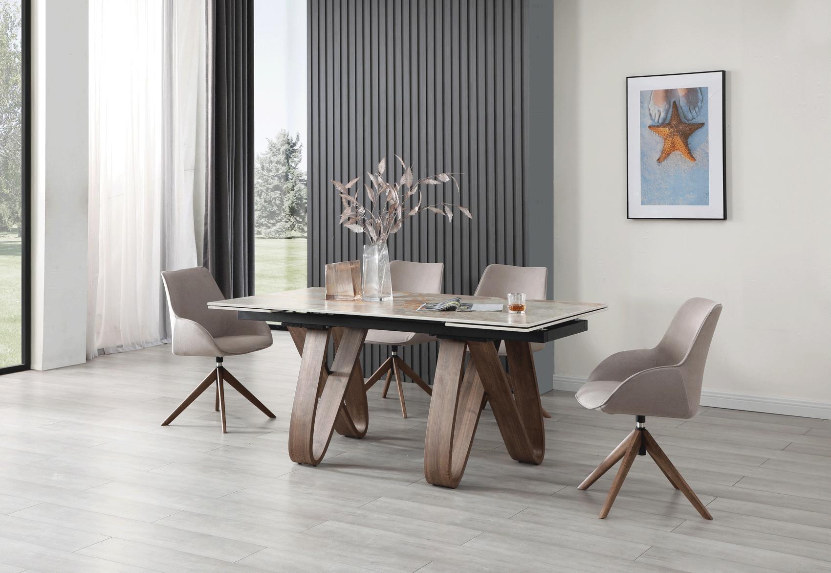 Contemporary Dining Table Set 9086TABLE 9086TABLE-5PC in Walnut, Beige Eco Leather