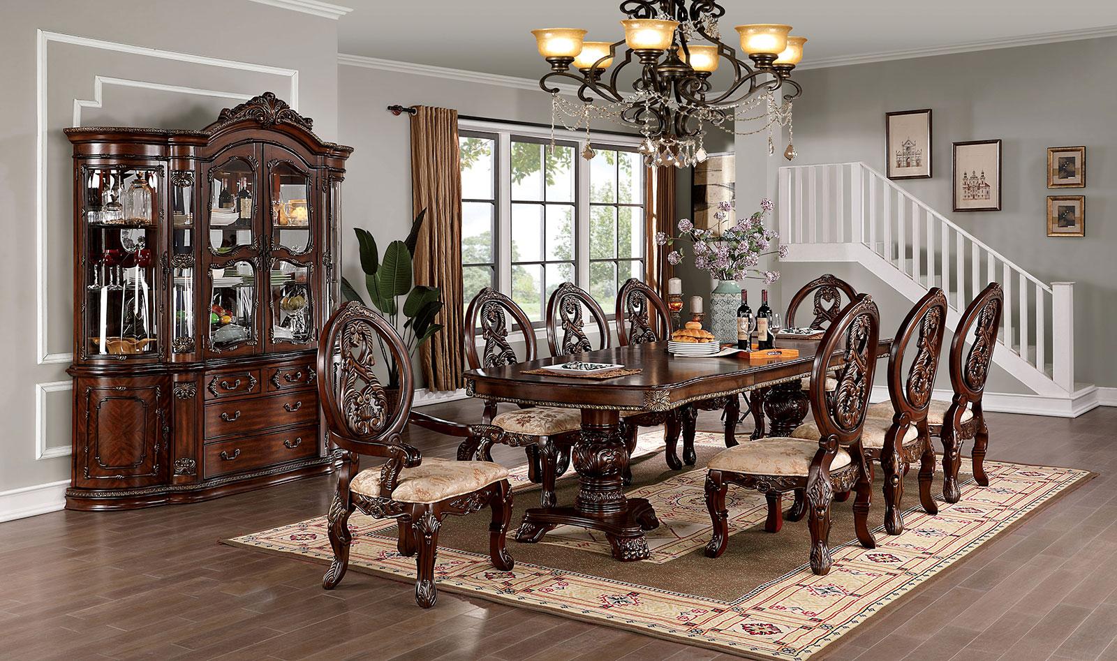 Traditional Dining Room Set Normandy CM3145T-8PC in Dark Cherry, Brown Fabric
