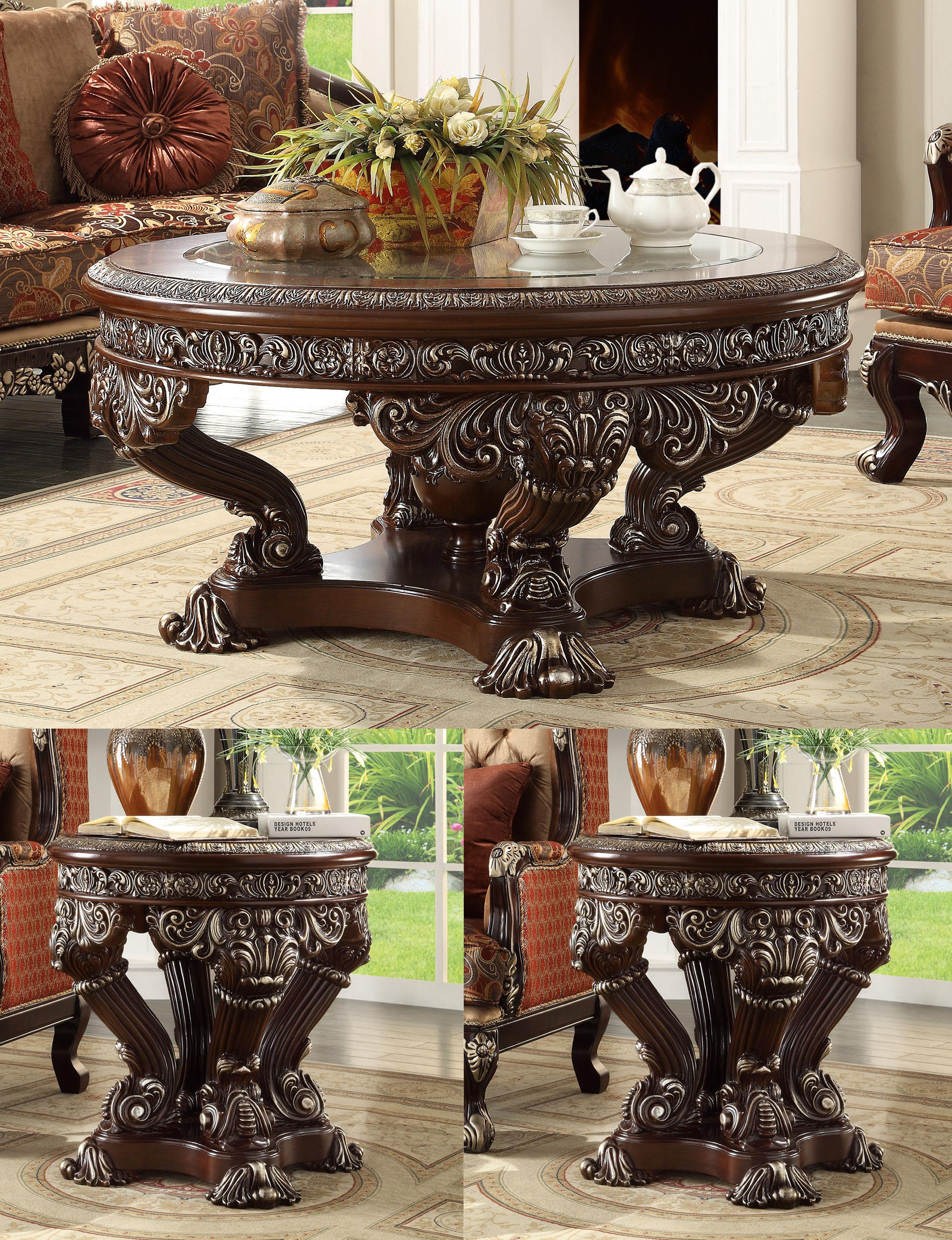 

    
Dark Brown & Silver Coffee Table Set 3Pcs Carved Wood Traditional Homey Design HD-8017
