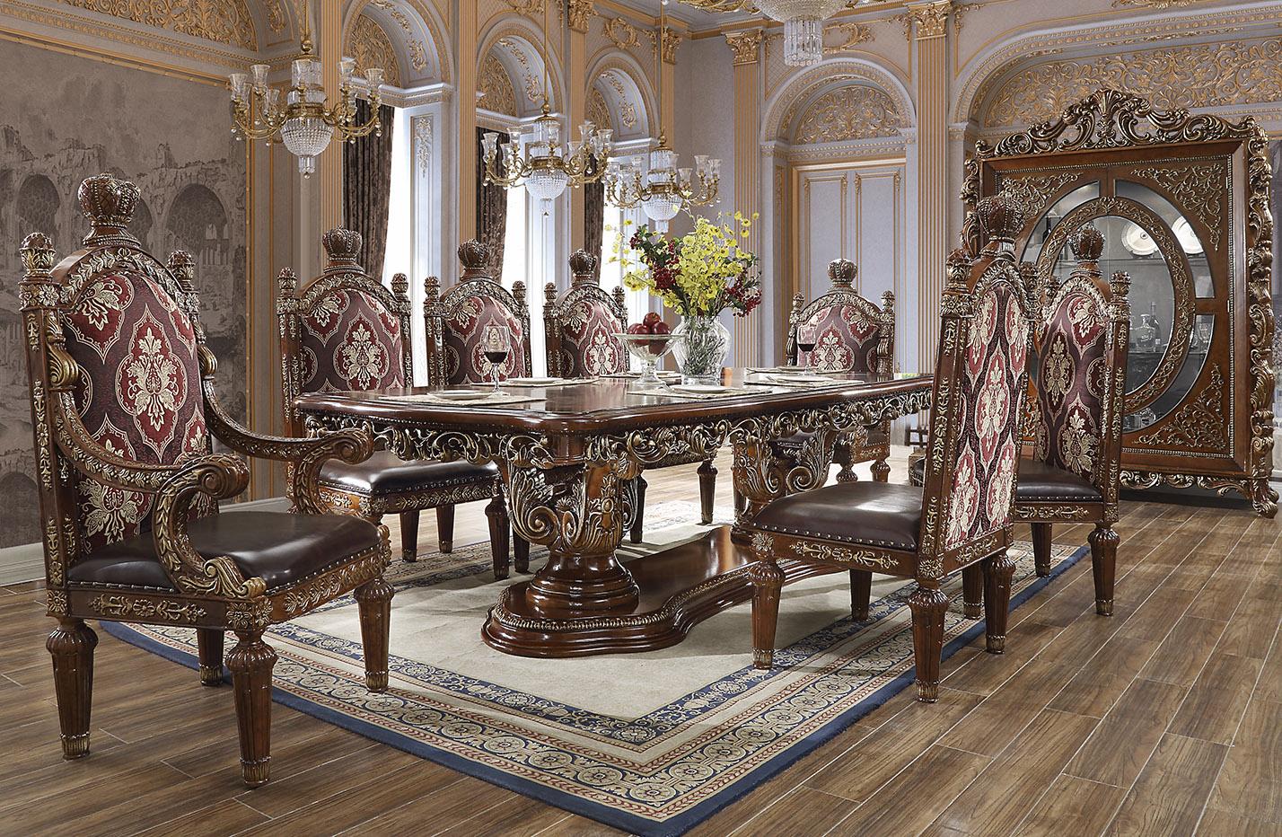 Traditional Dining Table Set HD-1804 HD-1804-9PC-DINING in Metallic, Gold Leather