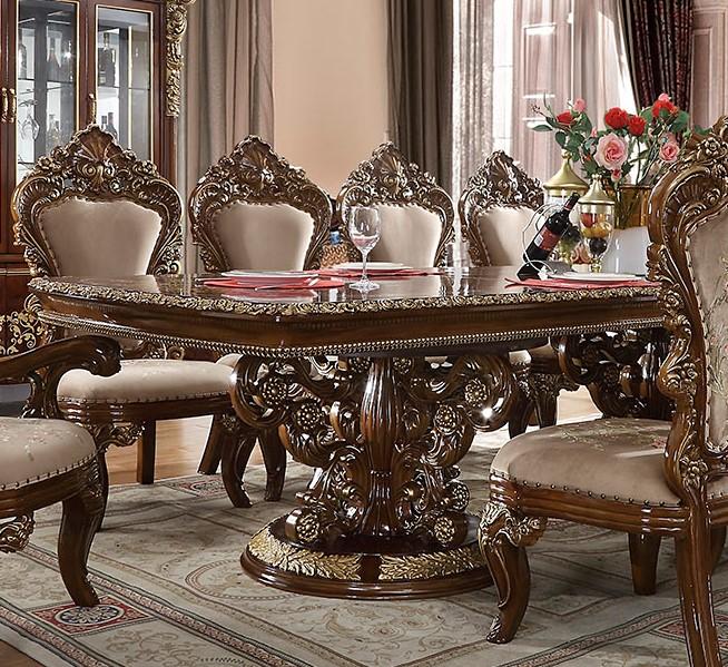 

    
Burl & Metallic Antique Gold Rectangle Dining Table Traditional Homey Design HD-1803

