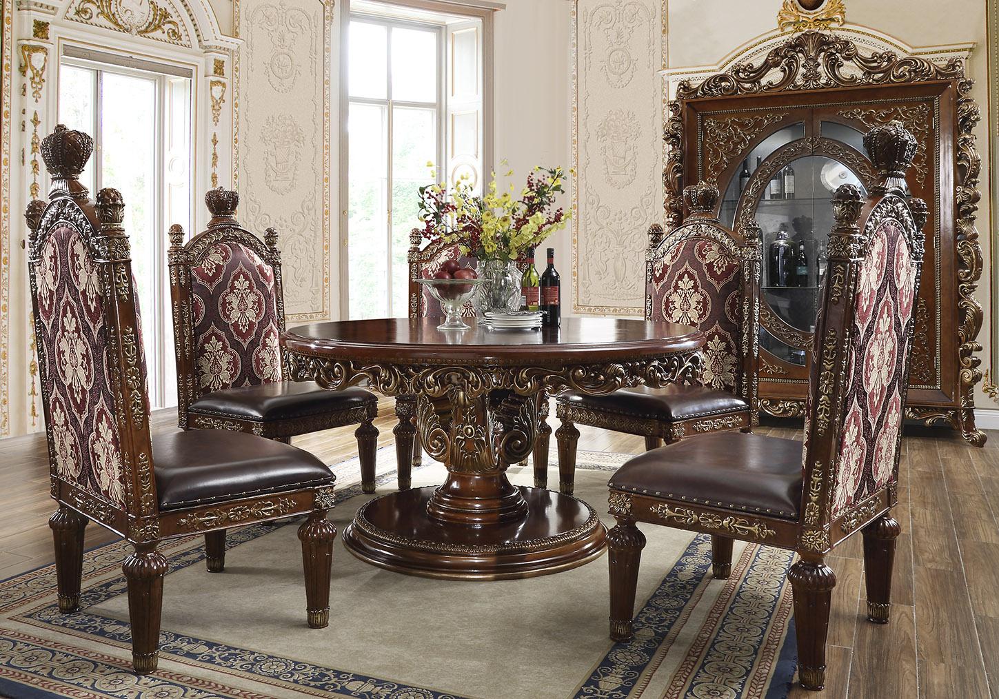 

    
Burl & Metallic Antique Gold Round Dining Set 5Pcs Traditional Homey Design HD-1804
