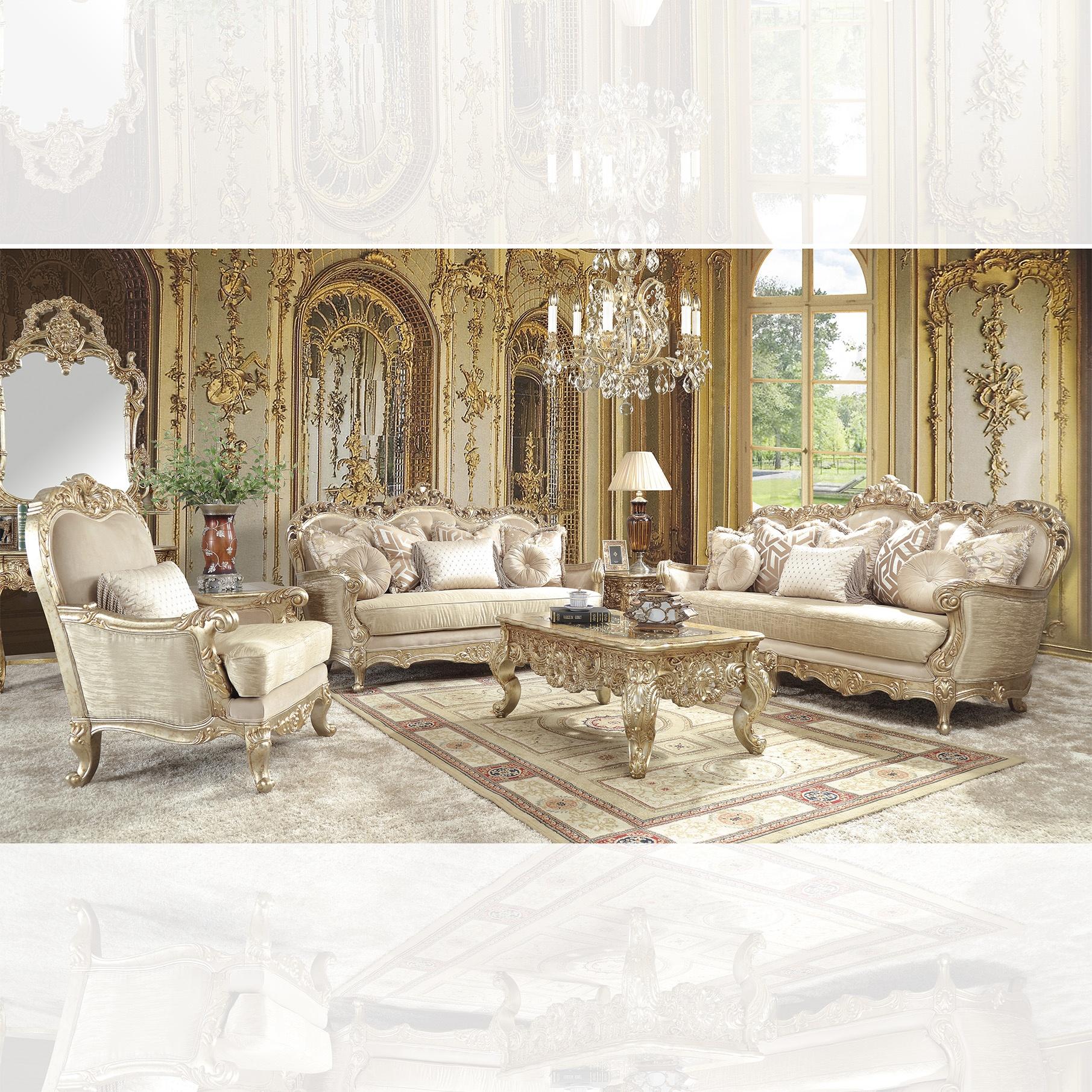 Traditional Sofa Set HD-8925 HD-8925 3PC in Gold Finish, Silver, Champagne Fabric