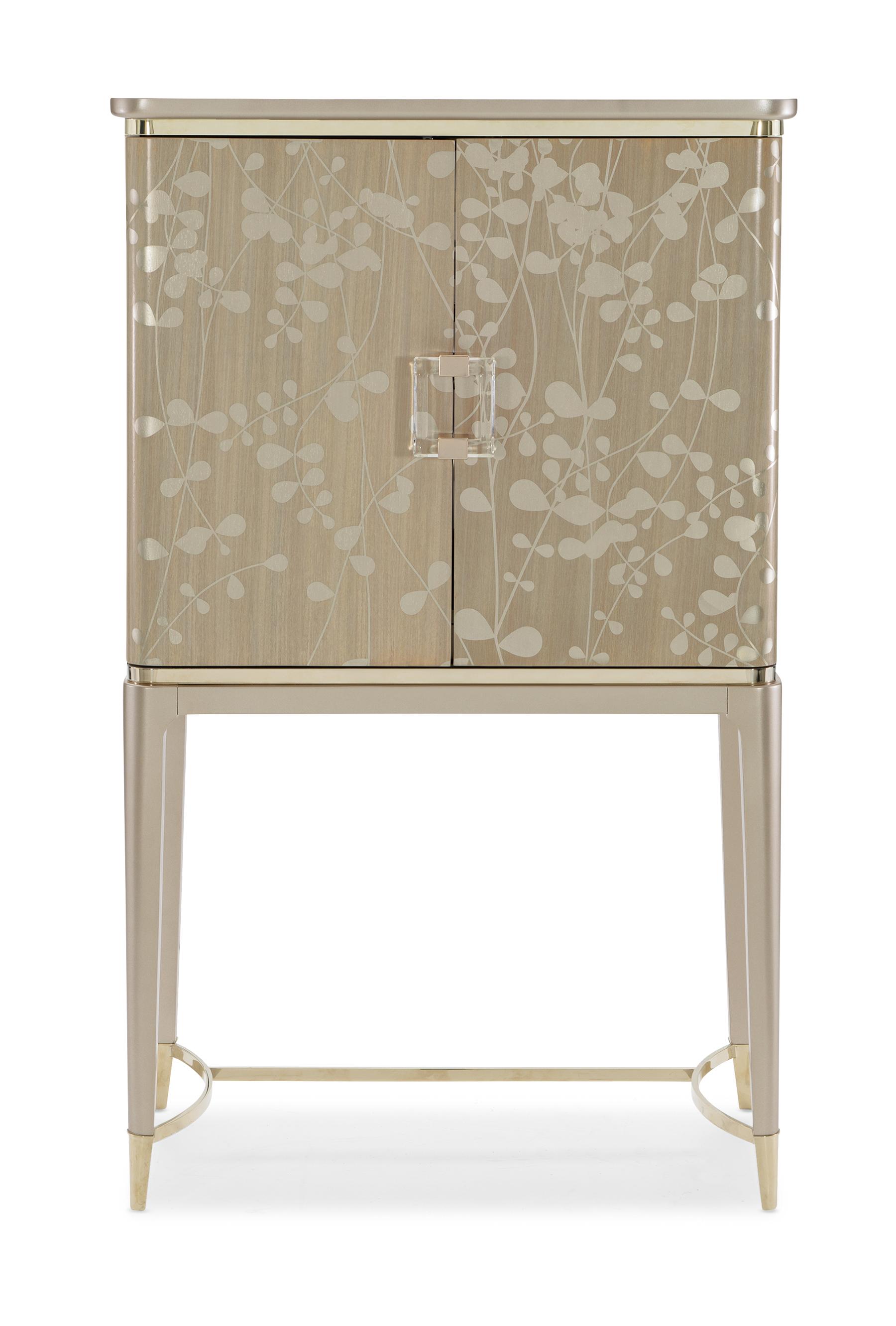 

    
Champagne Shimmer Finish Leaf Pattern Bar Cabinet A New Leaf by Caracole
