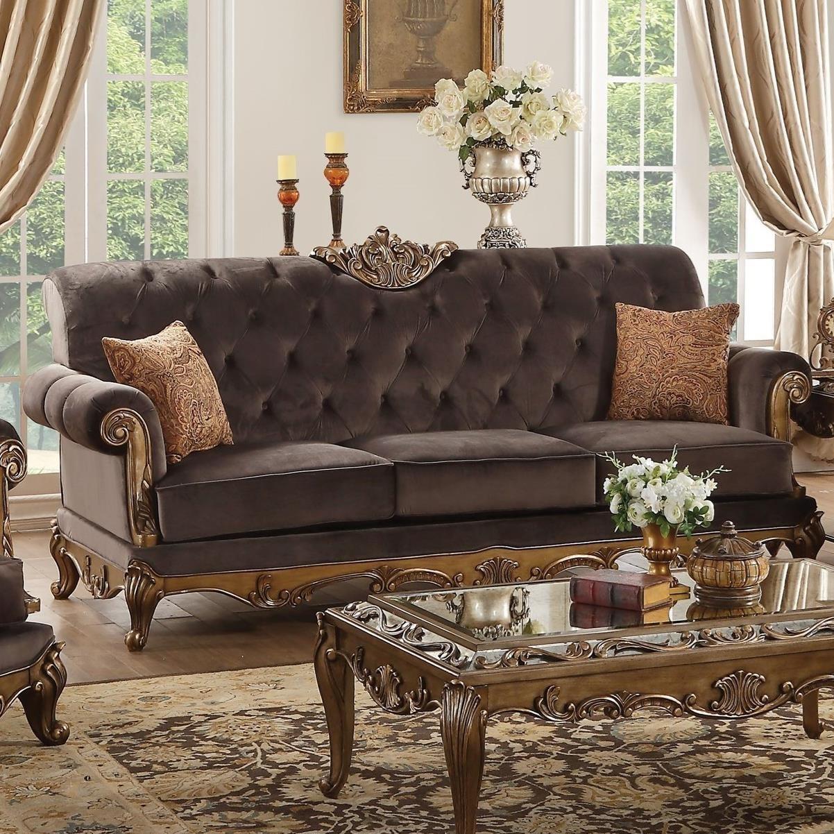 

    
Charcoal Fabric & Antique Gold Tufted Sofa Acme 53795 Orianne Traditional
