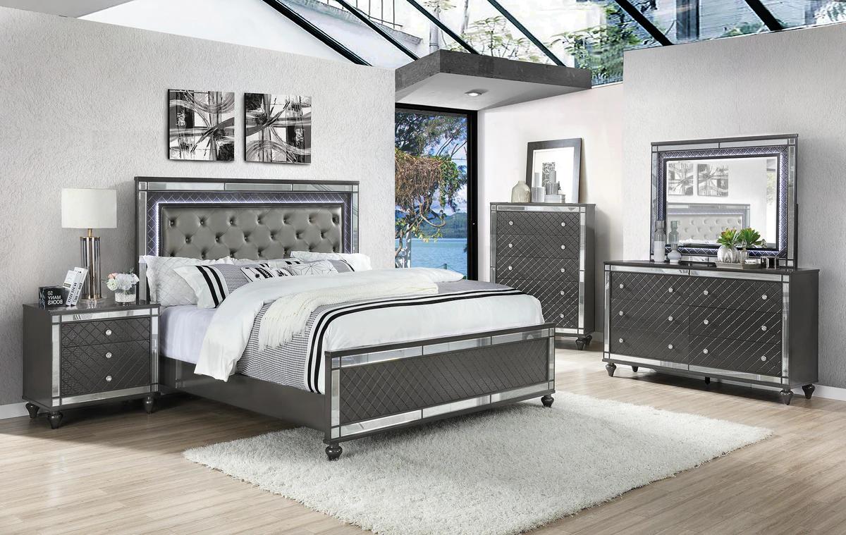 Modern Panel Bedroom Set Refino B1670-K-Bed-6pcs in Charcoal, Gray 