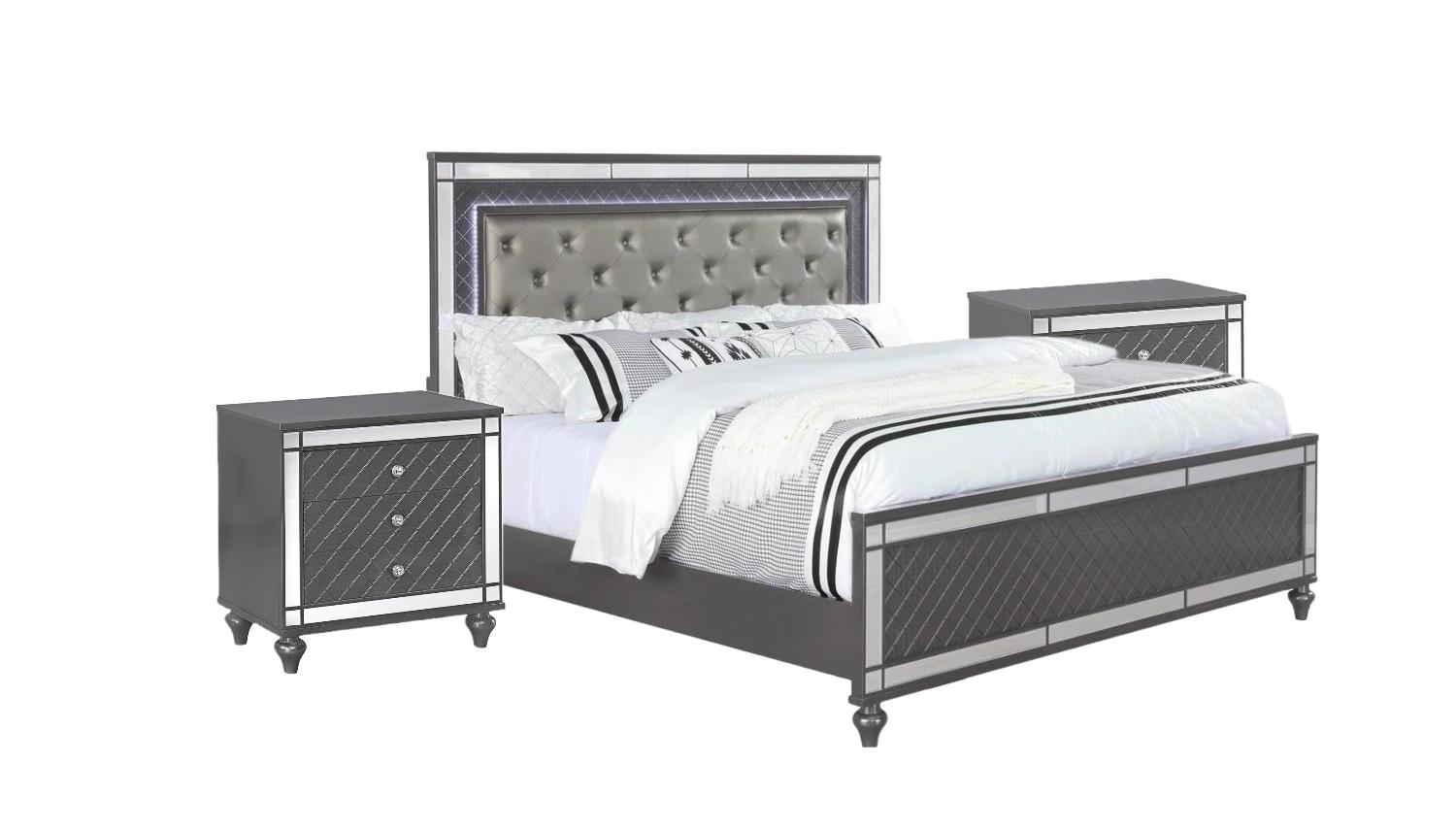 Modern Panel Bedroom Set Refino B1670-Q-Bed-3pcs in Charcoal, Gray 